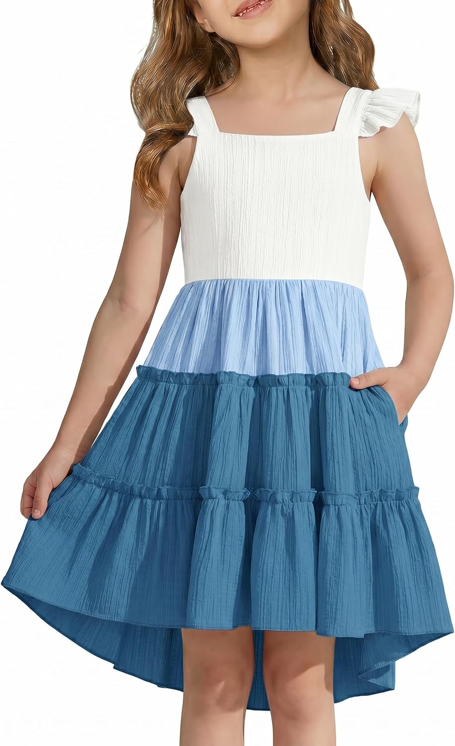Arshiner Toddler Girls Dress Ruffle High-Low Hem Smocked Dresses Summer Beach Butterfly Sundress with Pocket