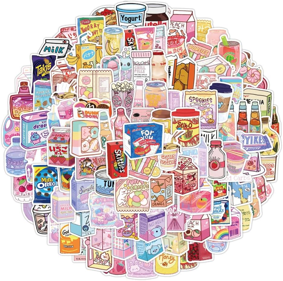 Stickers, 100 Pcs/Pack Snack Theme Cute Trendy Waterproof Stickers for Water Bottles, Laptop, Computer, Skateboard, Phone, Travel Case, Notebook for Teens Kids Girls Adults.