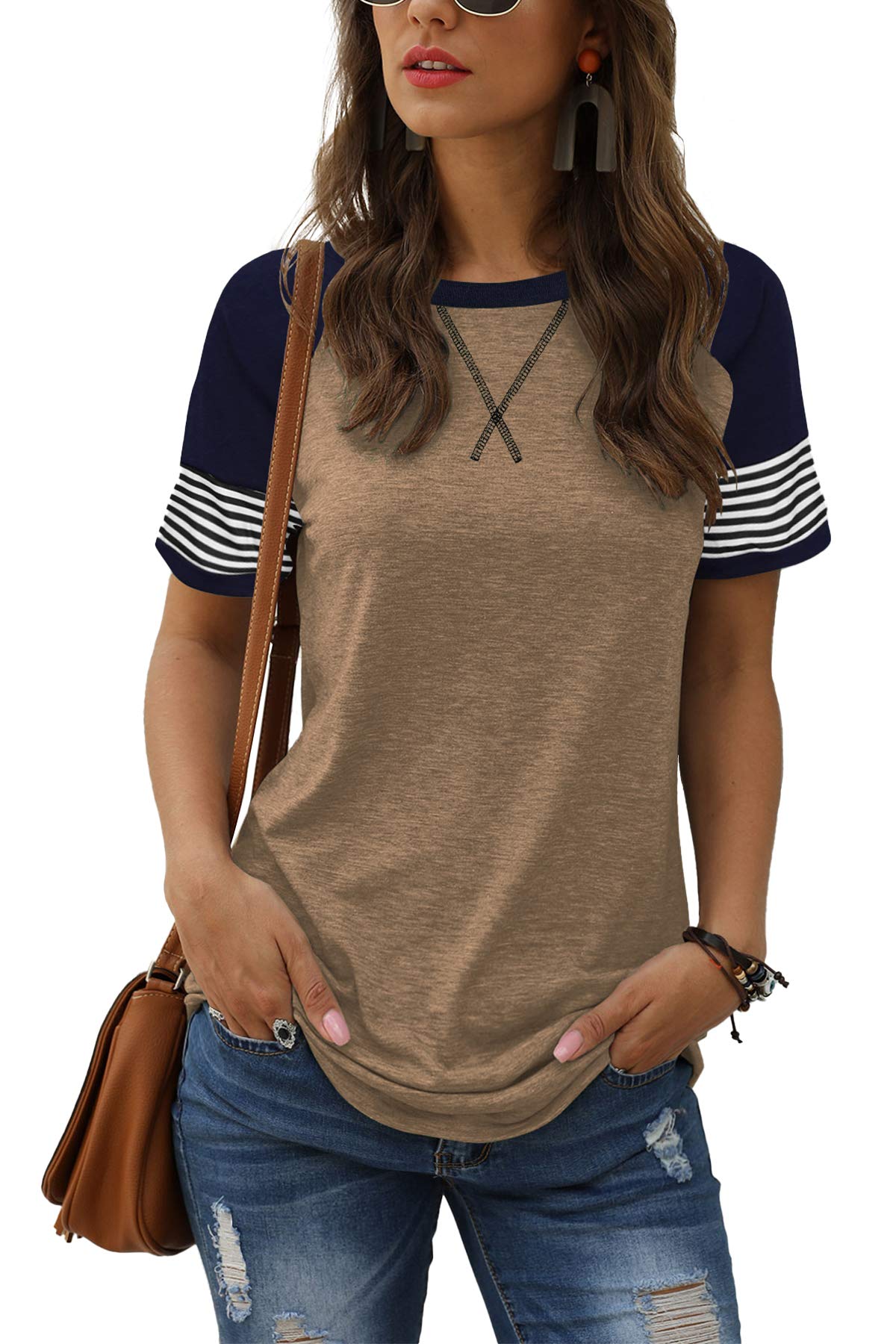 Women's Color Block Tunic Tops Long Raglan Sleeve Striped Shirts Round Neck Pullover T Shirt