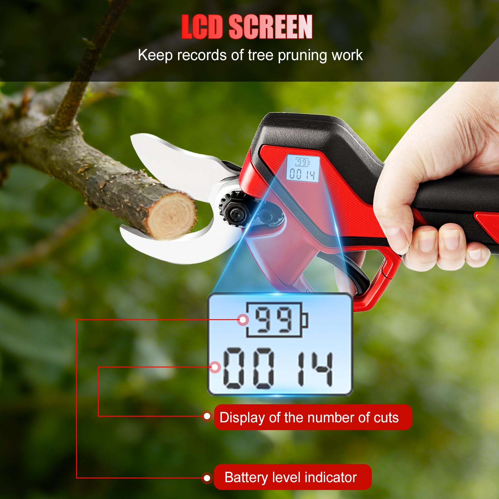 Sécateur électrique à batterie sans fil max 40 mm, brushless, avec 2 batteries de 2000 mAh, affichage LCD avec compteur de coupes, lames en acier SK5, pour jardins, branches, vergers, rouge