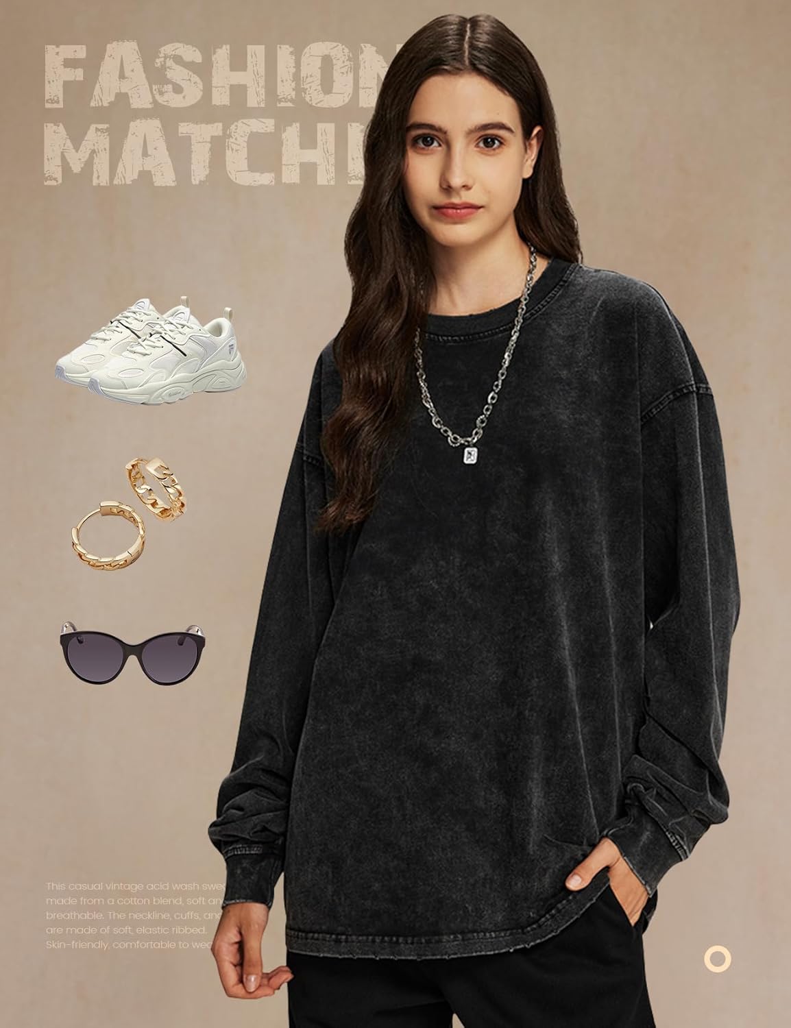 Yimoon Oversized Tshirts for Women Cotton Long Sleeve Shirts Acid Wash Baggy Tees Vintage T Shirt Streetwear - Image 4