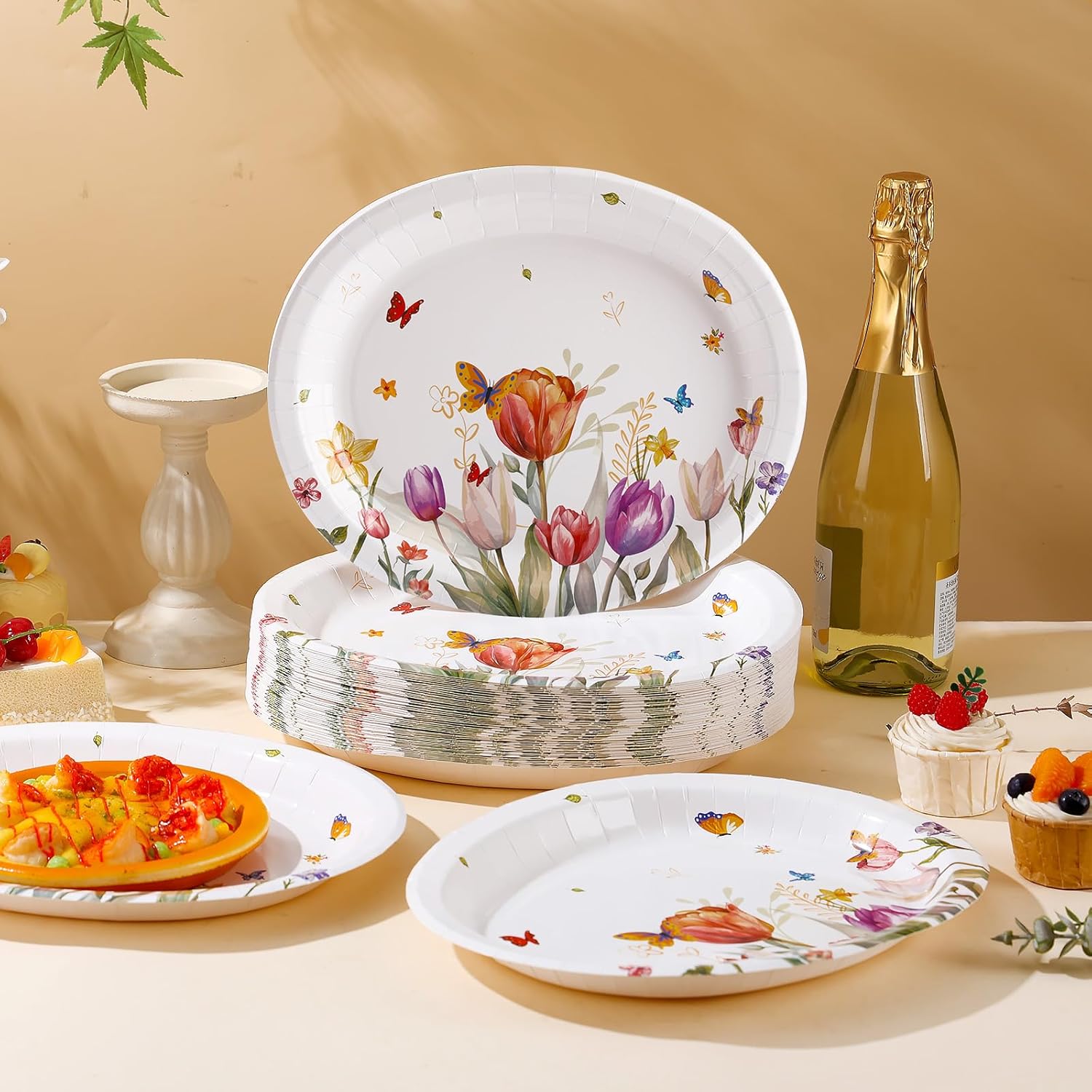 40Pcs Spring Floral Oval Paper Plates 10" x 12" Large Heavy Duty Disposable Plates Tea Party Plates Bulk for Easter Baby Shower Wedding Spring Party Decorations - Image 4