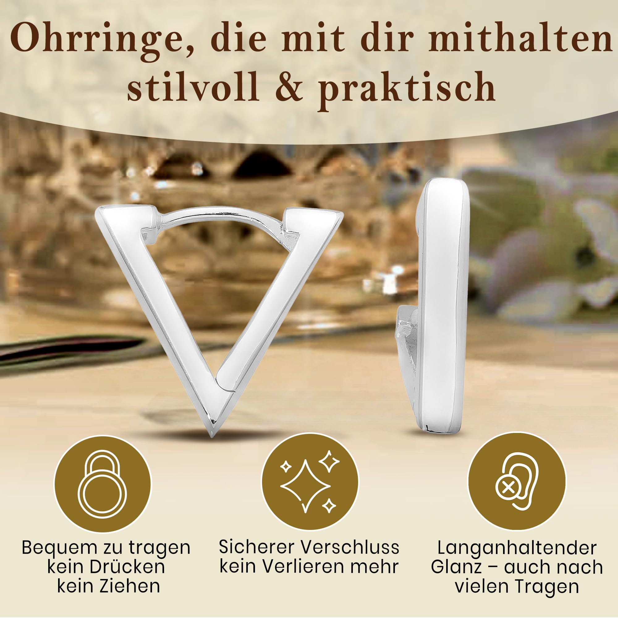 Cassini Creolen für Damen aus 925 Sterling Silber - Dreicke Creolen mit Klappverschluss, Mattiert oder Poliert, nickelfrei & antiallergisc, handgefertigt 3CZS