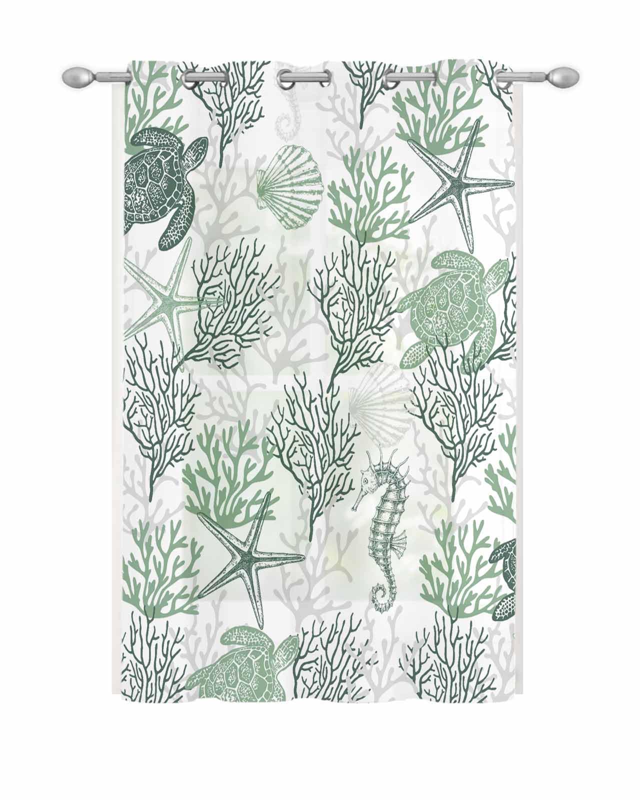 Wowouhiya Sage Green Coastal Sheer Curtains for Bedroom/Living Room, Summer Beach Nautical Grommet Kitchen Curtains 63 Inches Long, Sea Turtle Coral