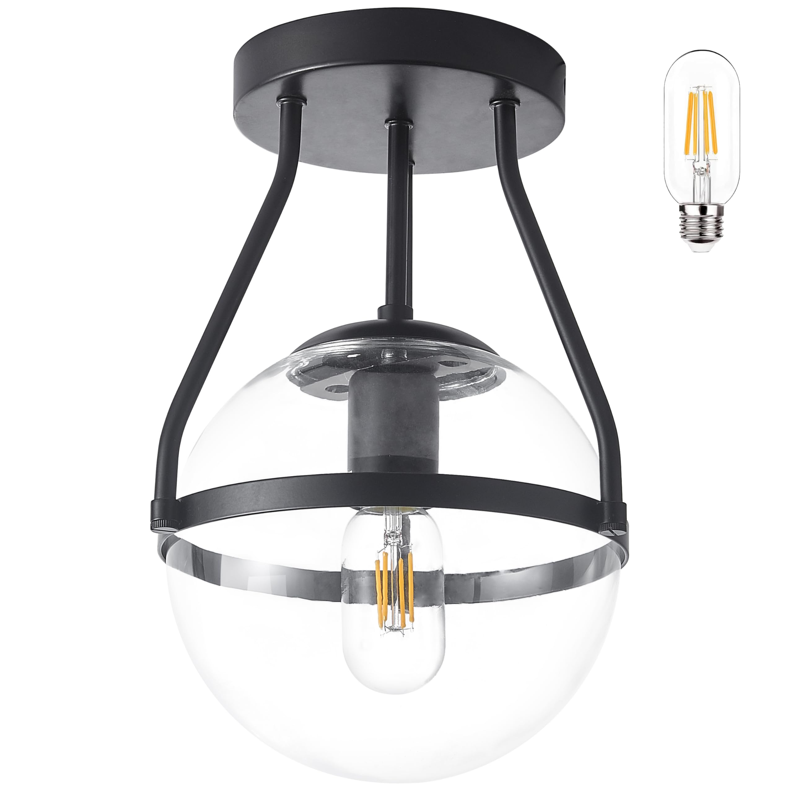 Photo 1 of Bagood 8 Inch Mid Century Ceiling Light Modern Black Semi Flush Mount Ceiling Light with Clear Glass Shade Globe Semi Flush Mount Ceiling Light Fixture for Bedroom Hallway Bathroom Foyer (Bulb Incl.) Clear & Black 8 inch
