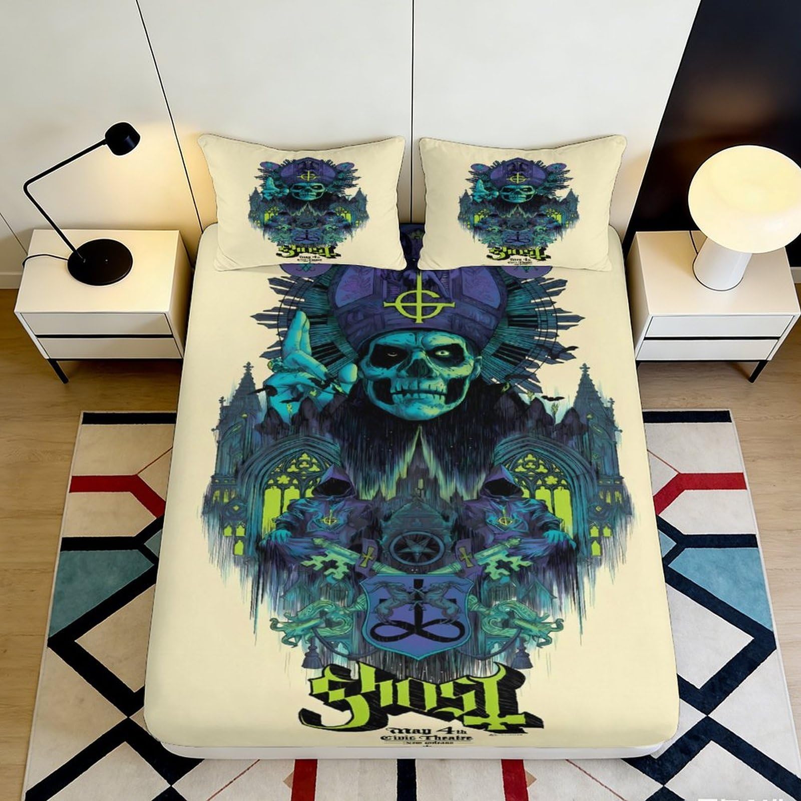 3D Printed Gothic Skull Fitted Sheet Microfiber Non-slip Punk Art Mattress Cover Bedroom Decor 90x200x25cm