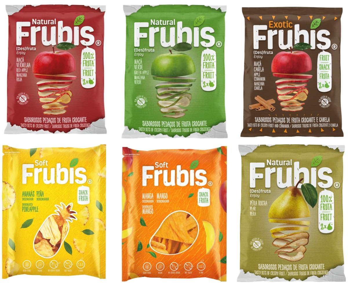 FrubisTasty Bits of Crispy Fruit Snacks | Red Apple | Green Apple | Apple and Cinnamon | Pear | Mango | Pineapple - 6 Pack