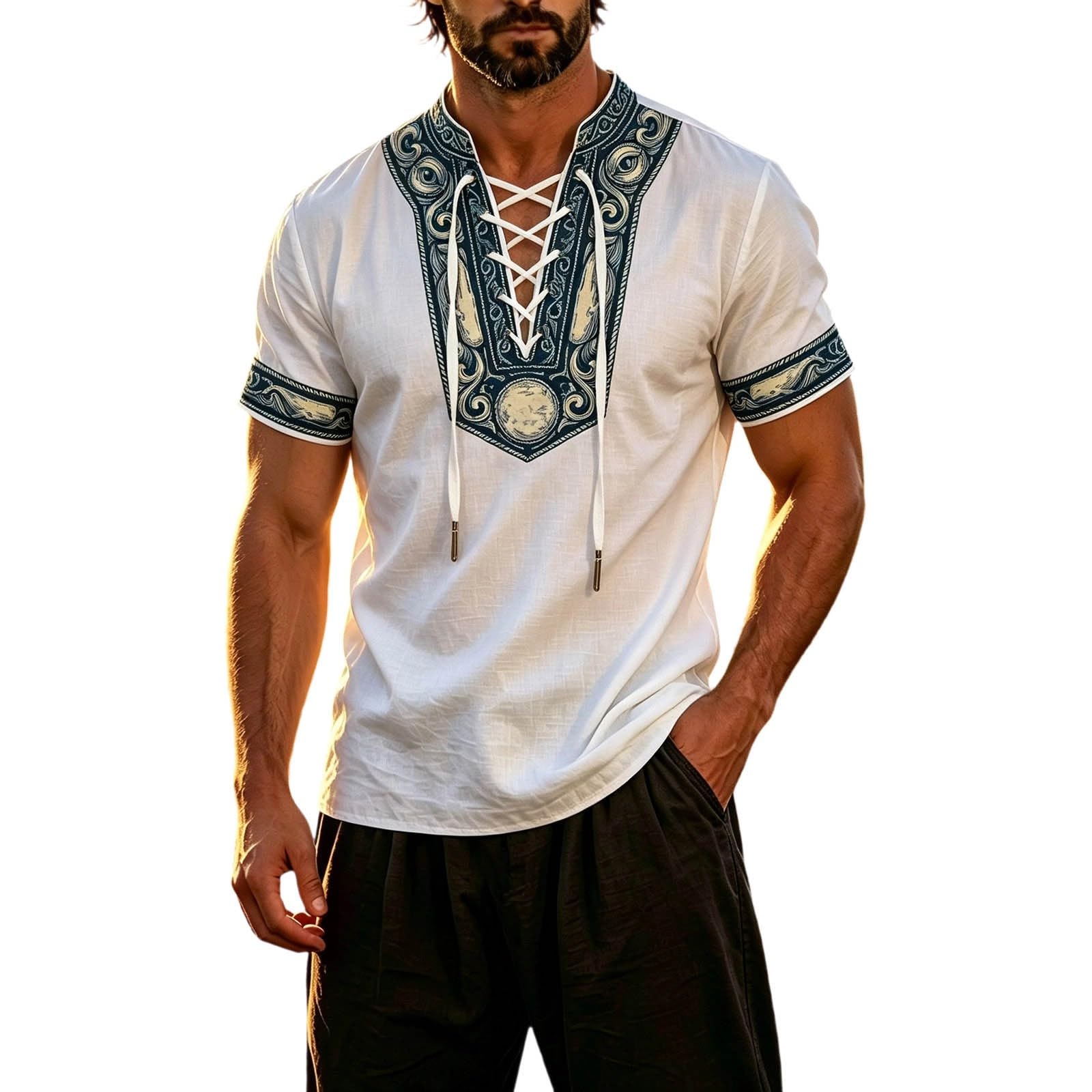 Summer Shirts for Men Short Sleeve Medieval Pirate Scottish Ghillie Shirt — image 1