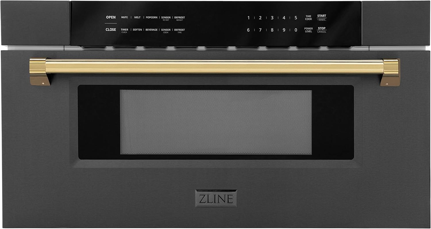 ZLINE Autograph Edition 30" 1.2 cu. ft. Built-in Microwave Drawer in Black Stainless Steel and Gold Accents