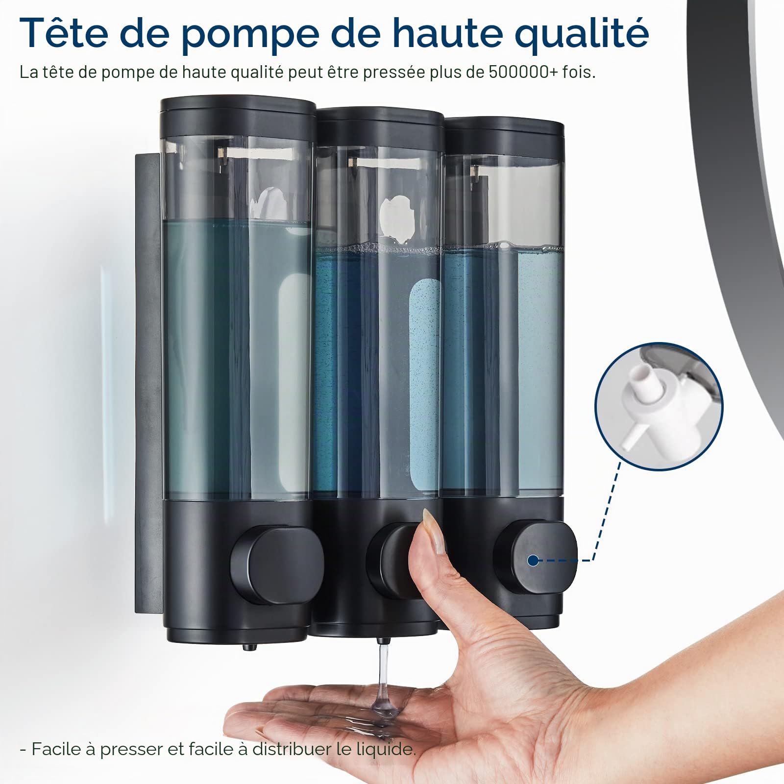 Modunful Distributeur de Shampooing et d'Après-Shampoing, Distributeur de Douche à 3 Chambres sans Perçage, Mural pour Salle de Bain, Grande Capacité, Noir
