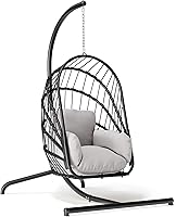 YITAHOME Hanging Egg Chair with Stand, Foldable Rattan Wicker Swing, 350lbs Capacity, Weatherproof Cushion, Grey for Porch Garden Bedroom