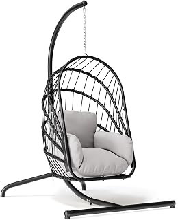 YITAHOME Hanging Egg Chair with Stand, Foldable Rattan Wicker Swing, 350lbs Capacity, Weatherproof Cushion, Grey for Porch Garden Bedroom