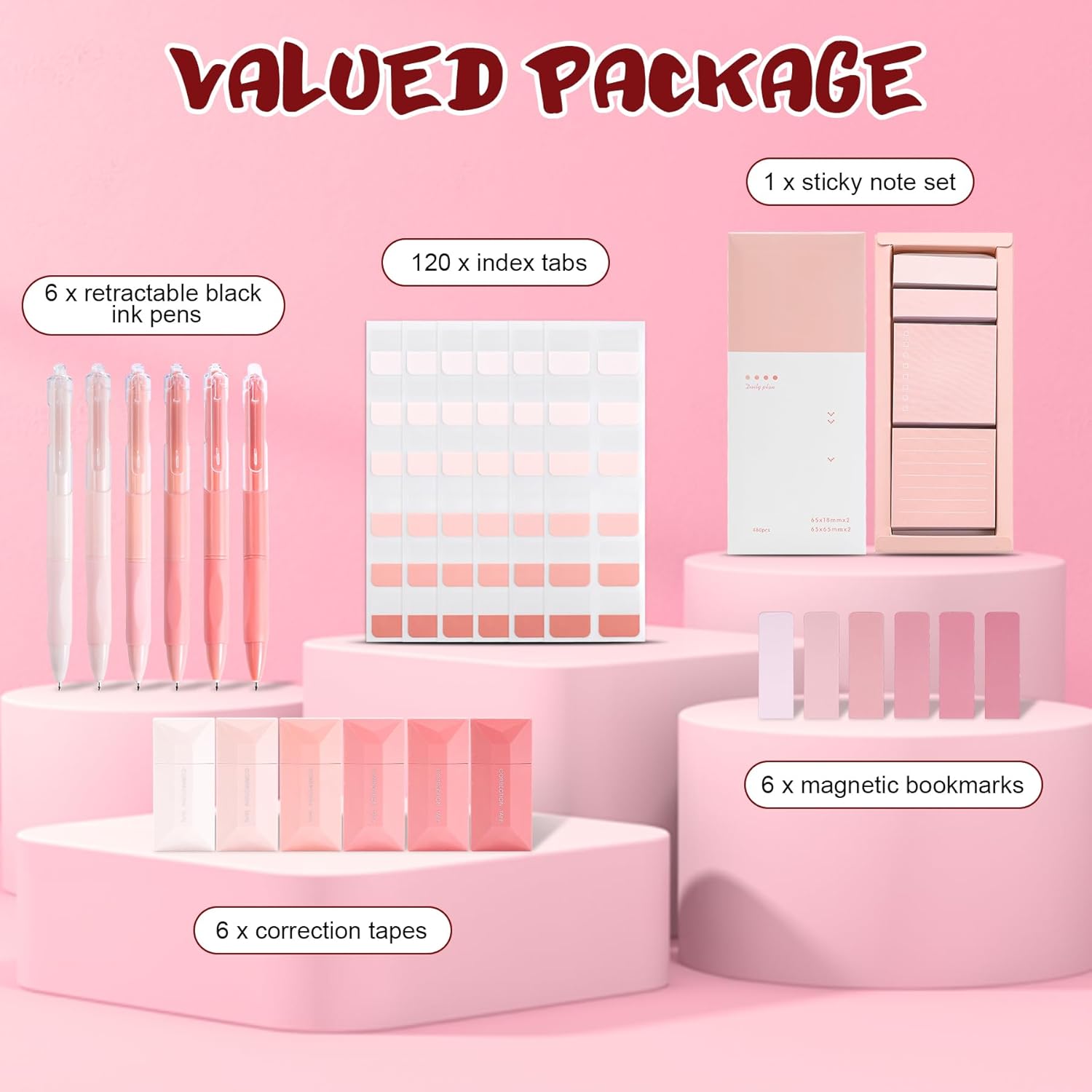 Aesthetic School Supplies with Sticky Notes Set Gel Pens Correction Tapes Sticky Index Tabs Magnetic Bookmarks, College School Supplies Stationery Kit for Students Stationary College Essentials (Pink) - Image 2