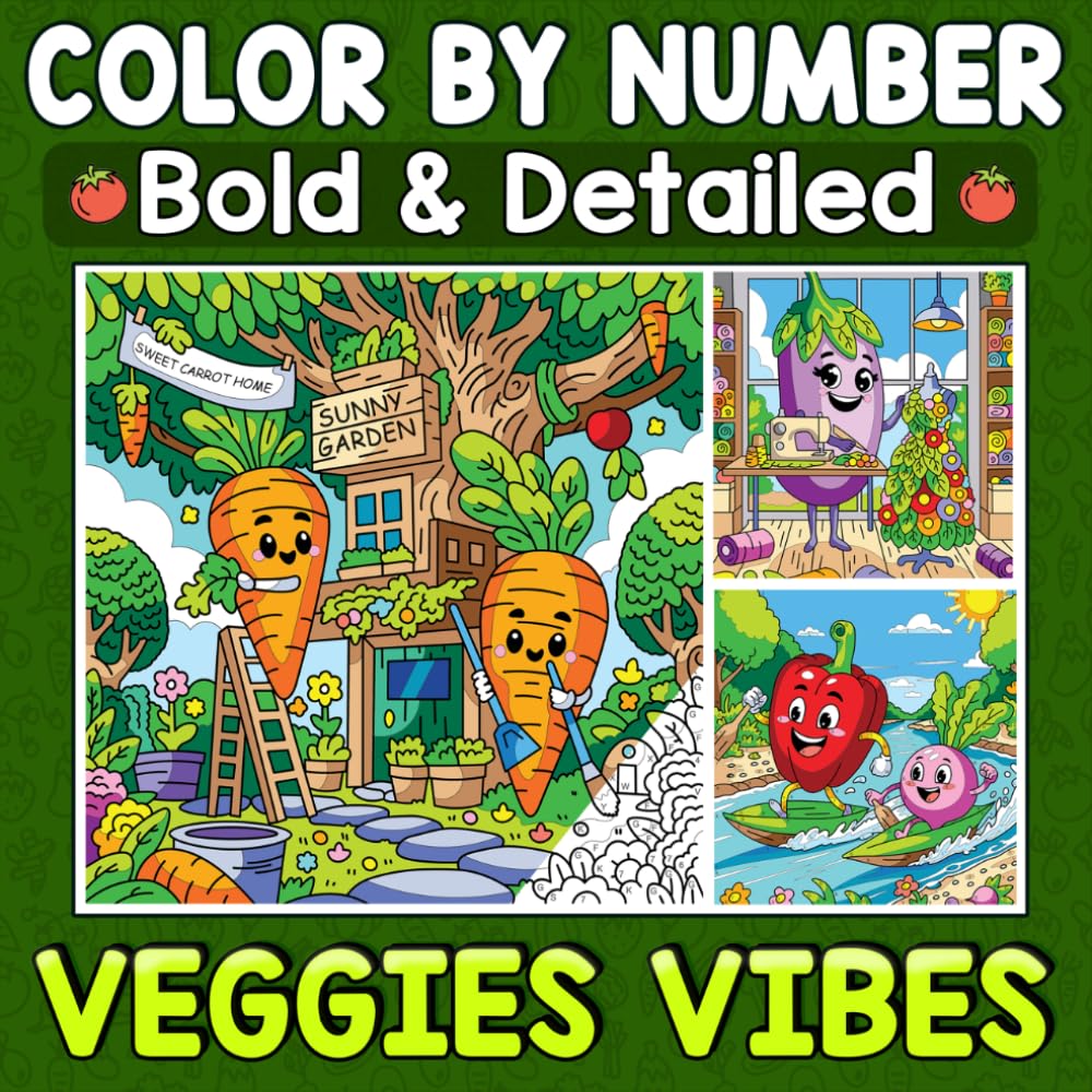 Color By Number Bold & Detailed Veggie Vibes: Where Playful Garden Friends Bring Sweet Stories to Life for Joyful Unwinding and Relaxation