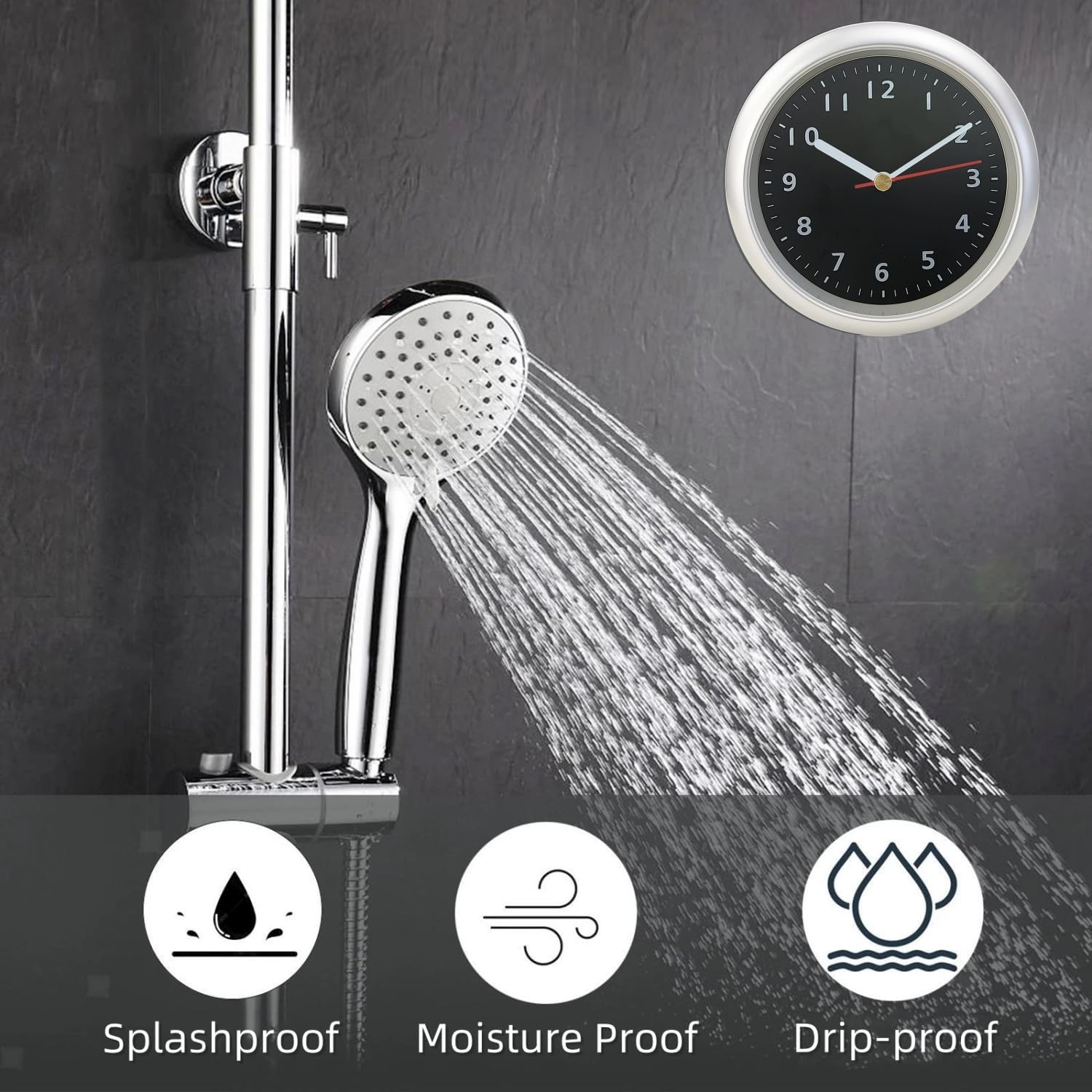 6inch Silent Waterproof Bathroom Clock Shower Clock with Suction Cup Non-Ticking Prevent Mist Wallclock Battery Operated Garden Wall Clock for Bathroom Kitchen Patio Pool (Silver Black)