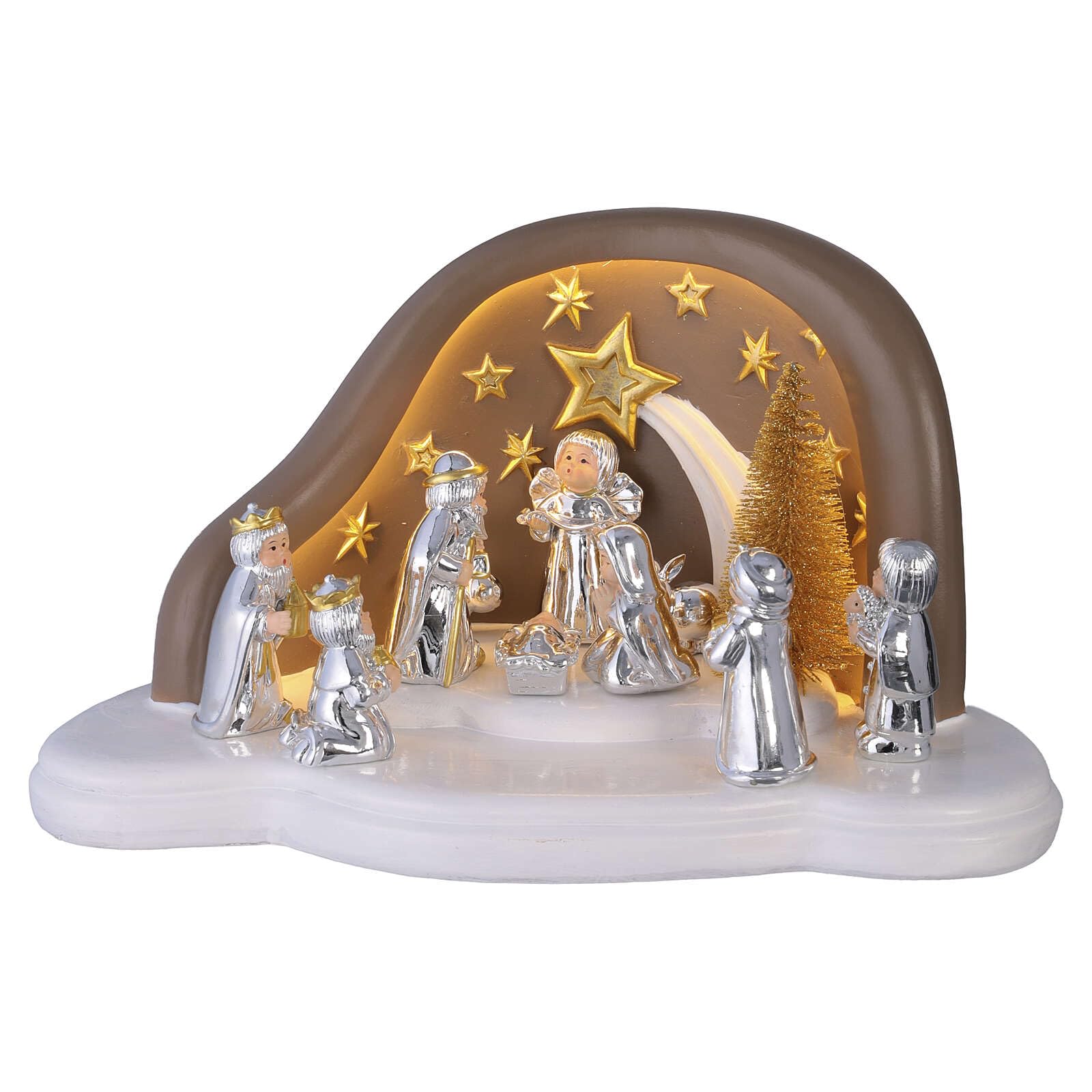 Holyart Crèches résine et Tissu: Crèche complète cabane Bagutta en résine Blanche et Taupe lumière LED 15x25x15 cm