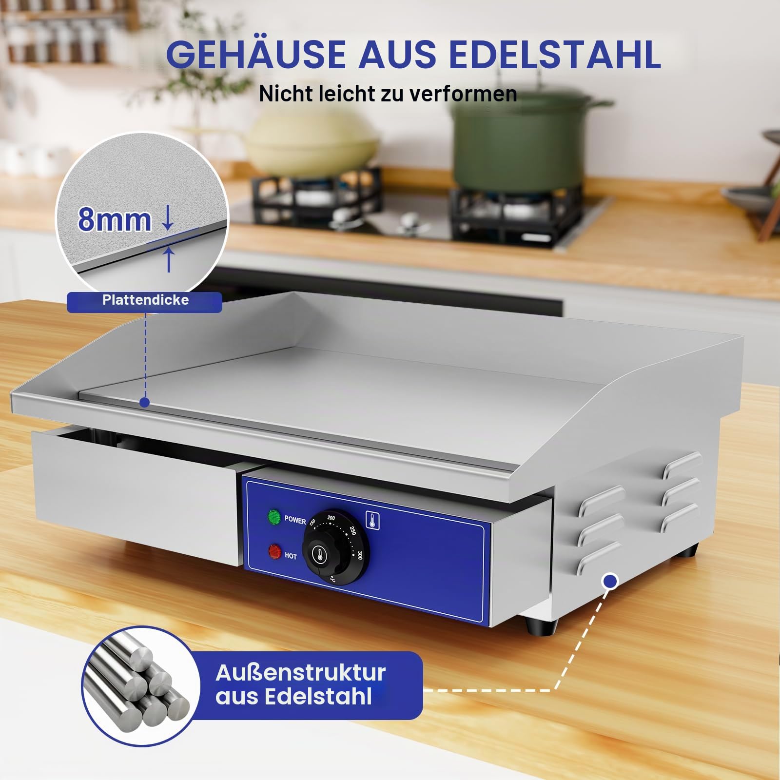 TAIMIKO Elektrische Grillplatte, Professionell, 55 x 35,5 cm, 2 Kochzonen, 3000 W, Kommerziell, Edelstahl, Freistehend, Mit Thermostat Und Abnehmbarer Saftwanne