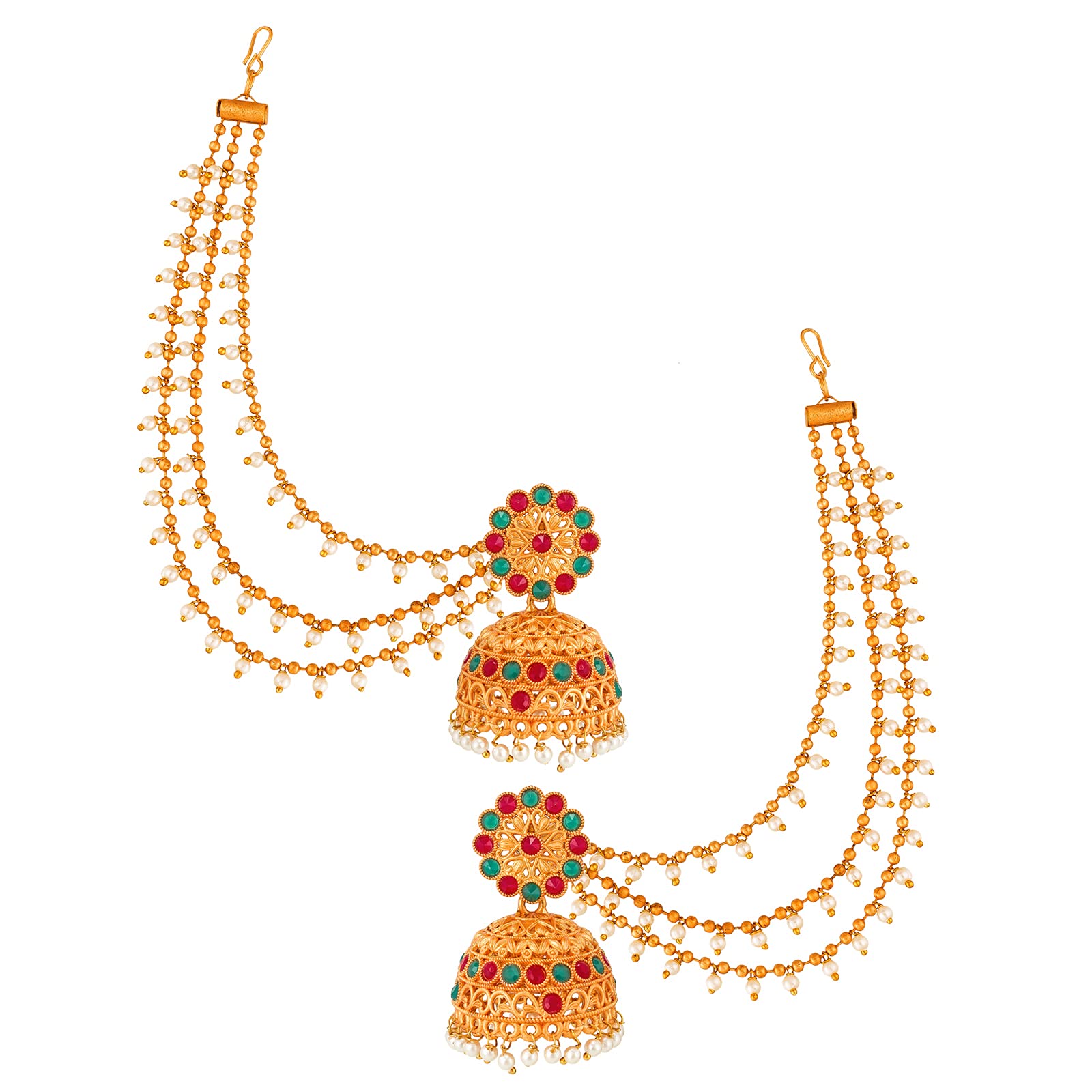 The Luxor Gold-Plated Red and Green Stone Handcrafted Bahubali Devsena Jhumkas With Ear Chain For Women and Girls (B0968X3S4F) Amazon Price History, Amazon Price Tracker