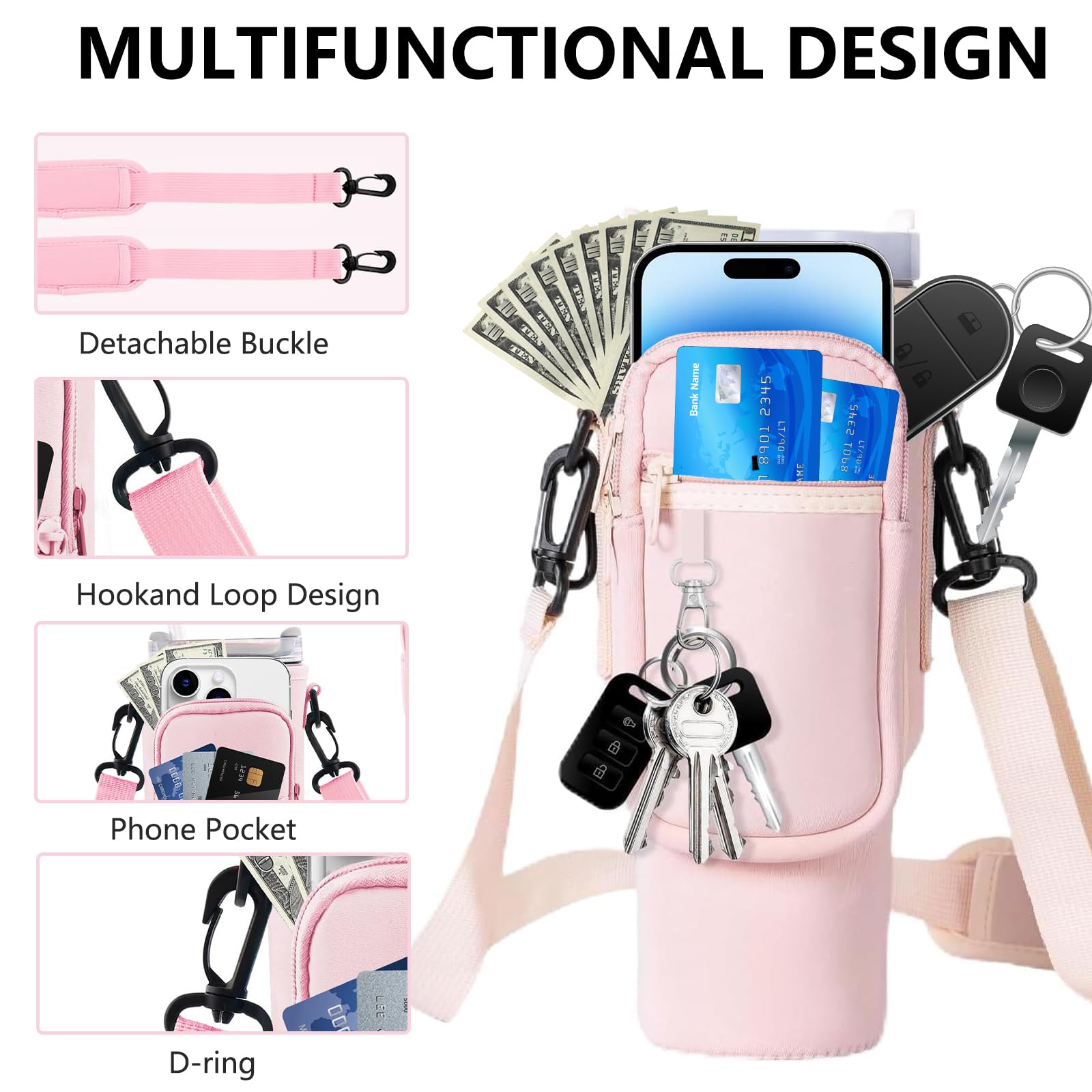 Custodia Porta Borraccia Per Stanley Cup 40oz | Tracolla Regolabile Con Scomparto Cellulare | Rosa