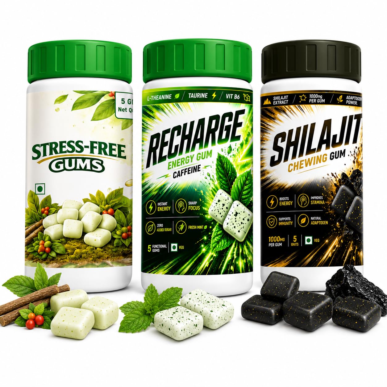 Supplenex Recharge Caffeine Energy Gum + Shilajit Chewing Gum + Aswagandha Stress-Free Gum | Functional Gum Combo Pack | | Instant Energy, Focus, Stamina & Stress Support | Zero Added Sugar | 15 Gums Total
