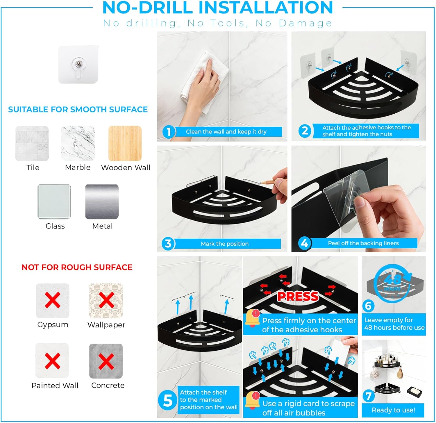 Corner Shower Caddy Adhesive, 3 Pack Rustproof 304 Stainless Steel Bath Organizers, No-Drill Corner Shower Shelves Soap Holder for Bathroom Storage, Black