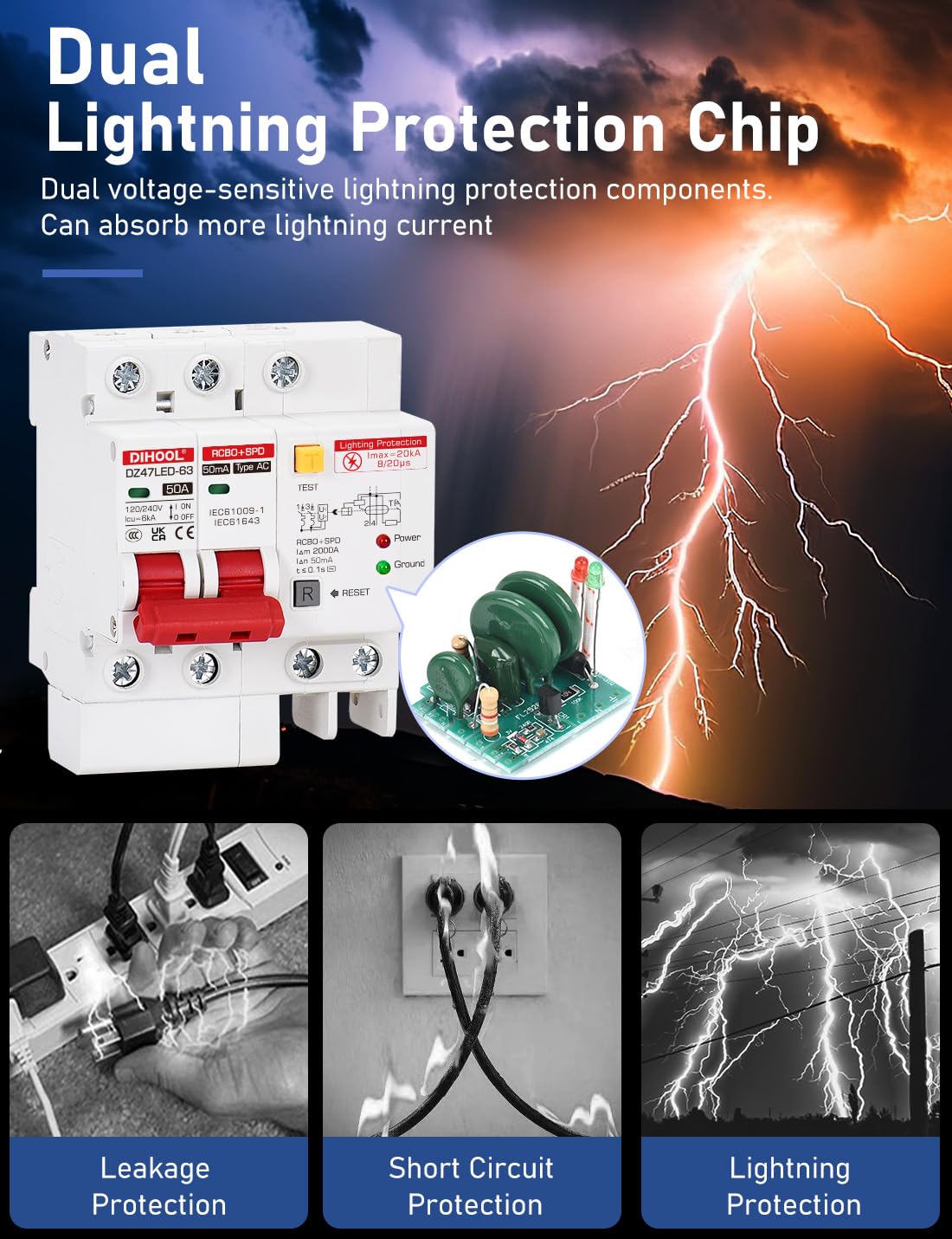 DIHOOL Ground Fault Circuit Breaker with Voltage Surge Arrester Protection, 50 Amp 2 Poles AC 120V-240V, DIN Rail Mount Residual Current Circuit Breaker 50A