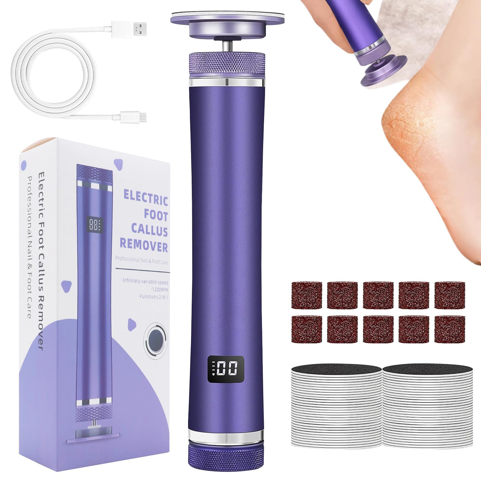 Pédicure Électrique Anti-Callosités Pieds Secs | Appareil de Soin des Cors Réglable,Râpe pour Talons Rechargeable 12 Vitesses - Soin des Pieds Peau Morte à Domicile Pédicure Femmes & Séniors Voyage