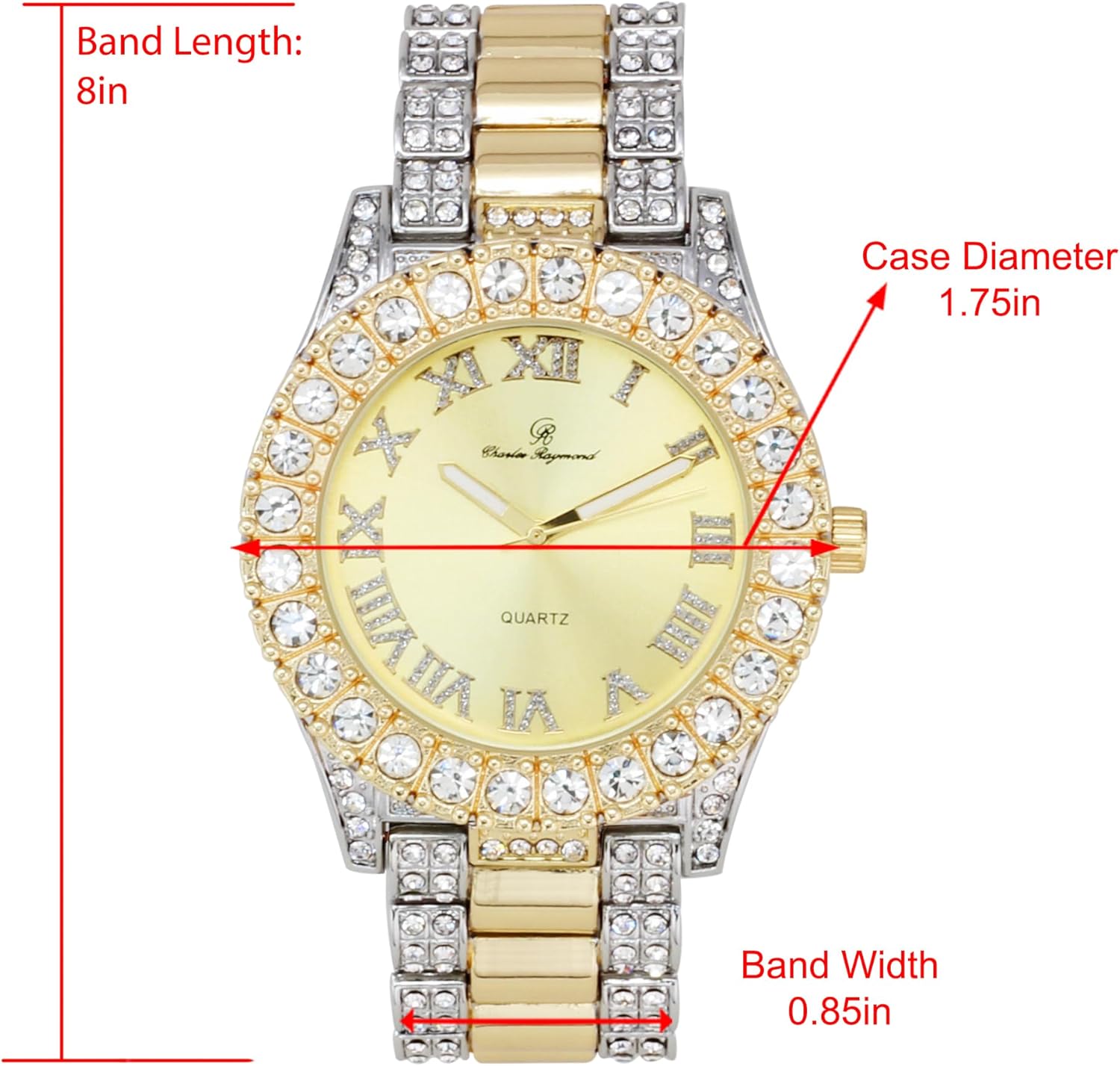 Charles Raymond Bling-ed Out Round Metal Mens Color on Blast Watch with Diamond Time Indicators - Ice on Fire!!! - ST10327DxxS (TT - Gold)