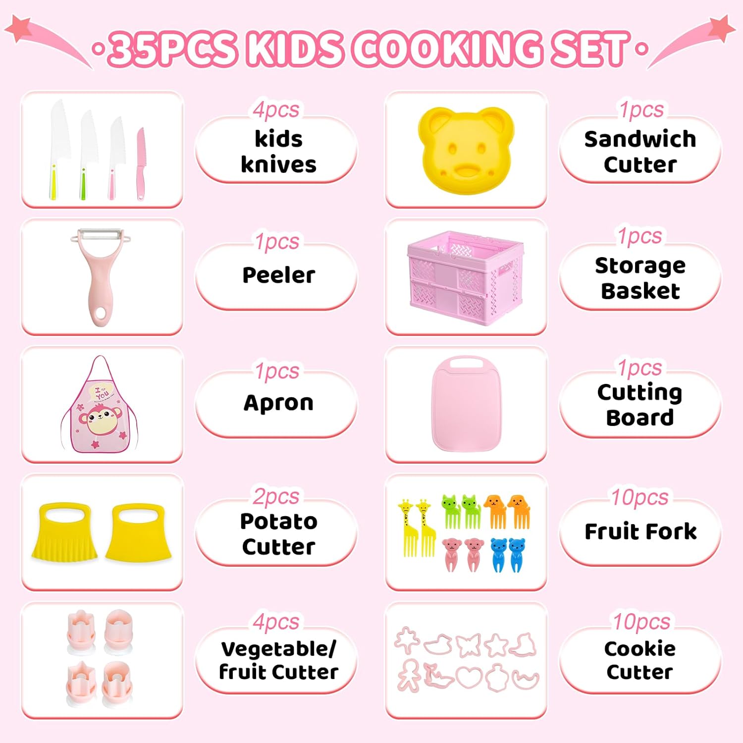 35pcs Kids Knife Set for Real Cooking , Kids Kitchen Set with Foldable Basket ? Apron ,Toddler Baking Kitchen Tools? Montessori Toys for 4 5 6 7 8 9 10 Year Old Girls Birthday Gifts, Toddler Knife Set