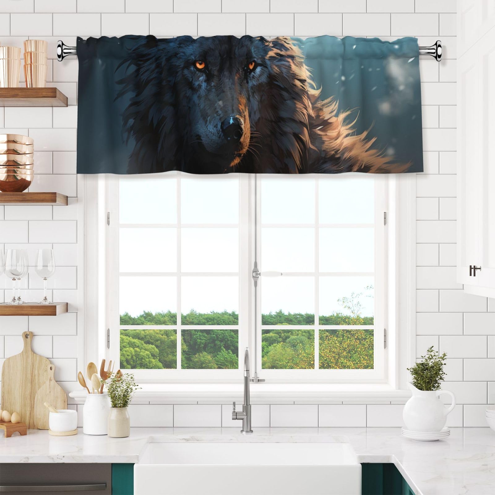 NONHAI Fantasy Wolf Valances for Windows Short Curtains Rod Pocket Cafe Window Treatments Valance Curtains for Kitchen Bathroom Laundry Basement Windows 54x18inch Blackout Window Valance
