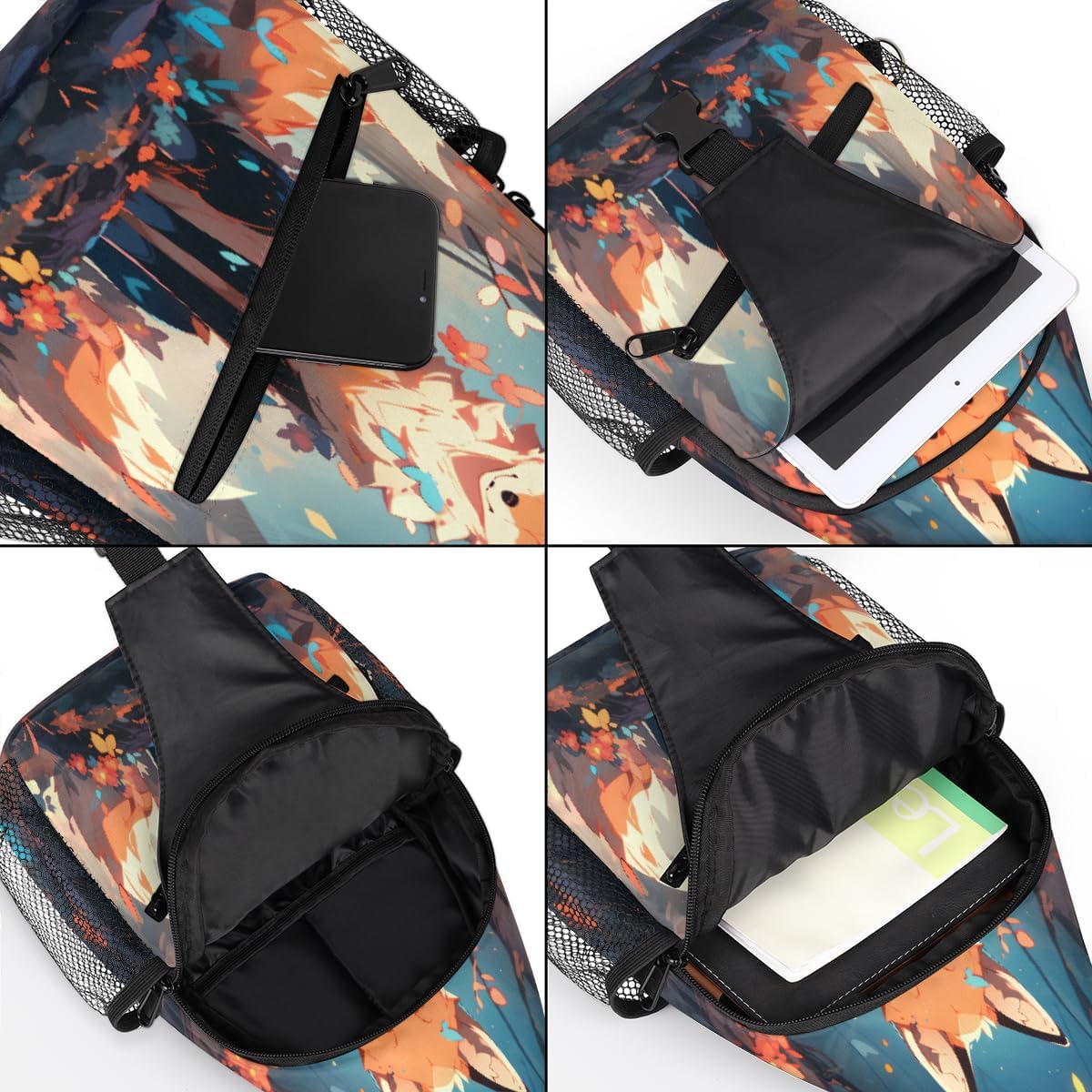 Colorful Fox Flower Tree Sling Backpack for Women Men Waterproof Antitheft Chest Bag Lightweight Travel Crossbody Shoulder Bag for Shopping Outdoor Leisure Sports