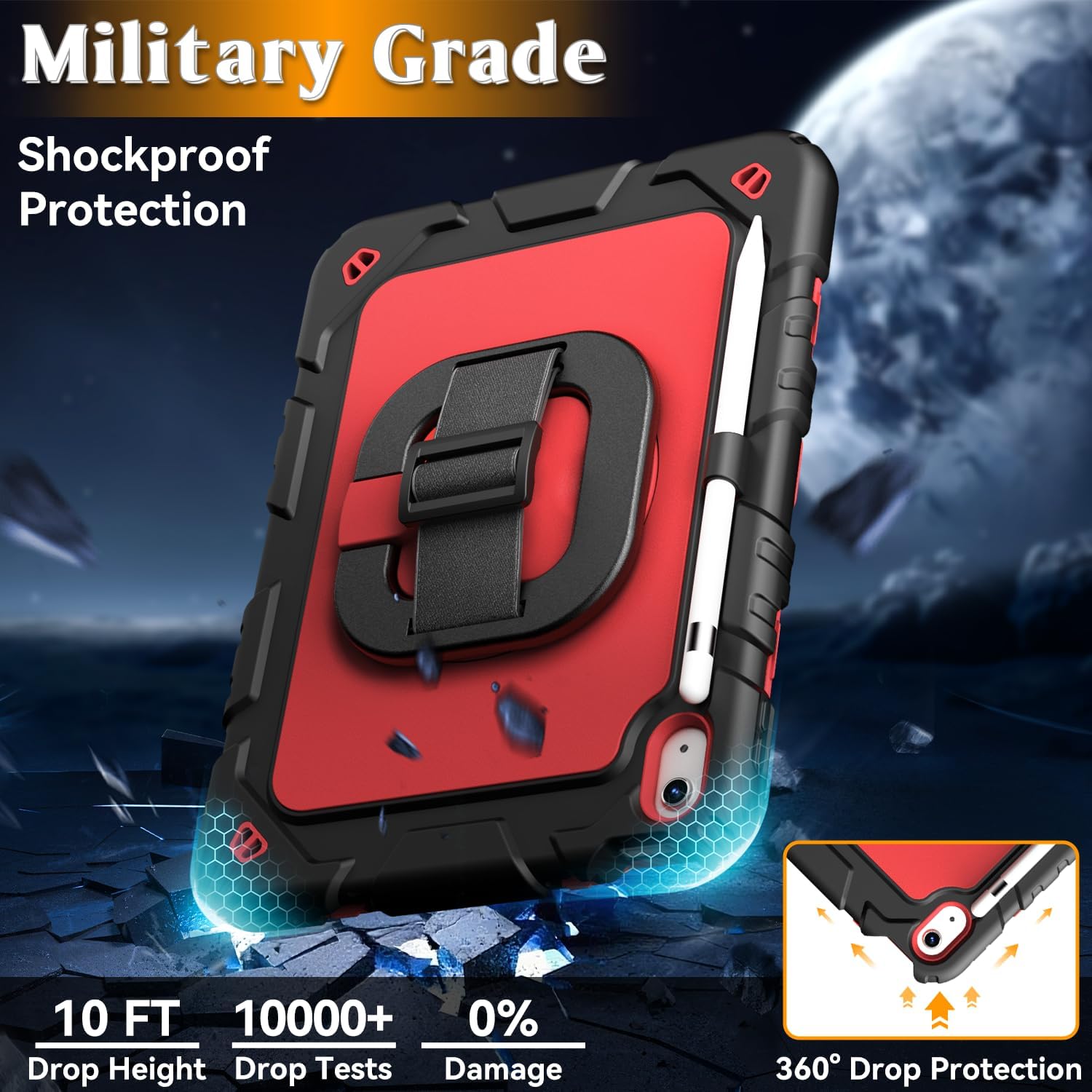 Grifobes for iPad A16 11th/10th Generation Case 2025/2022, for 11 Inch/10.9 Inch iPad Case Cover with Screen Protector, 360°Rotate Stand, Hand & Shoulder Strap, Pencil Holder, Black Red