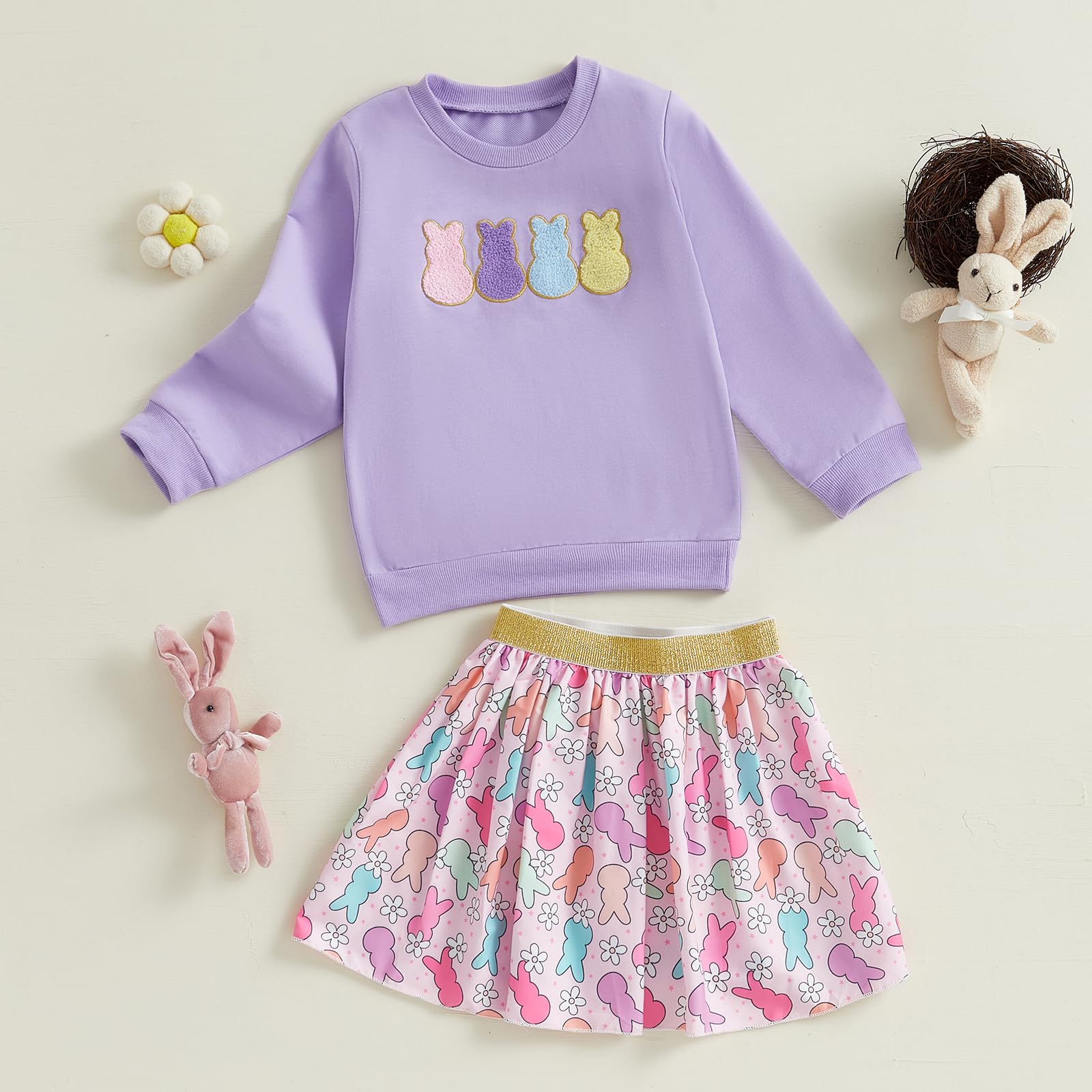 Nokpsedcb Toddler Girl Easter Outfit Cute Bunny Letter Embroidery Sweatshirt Party Tutu Tulle Skirt Kids Spring Clothes (Purple Bunny, 18-24 Months)