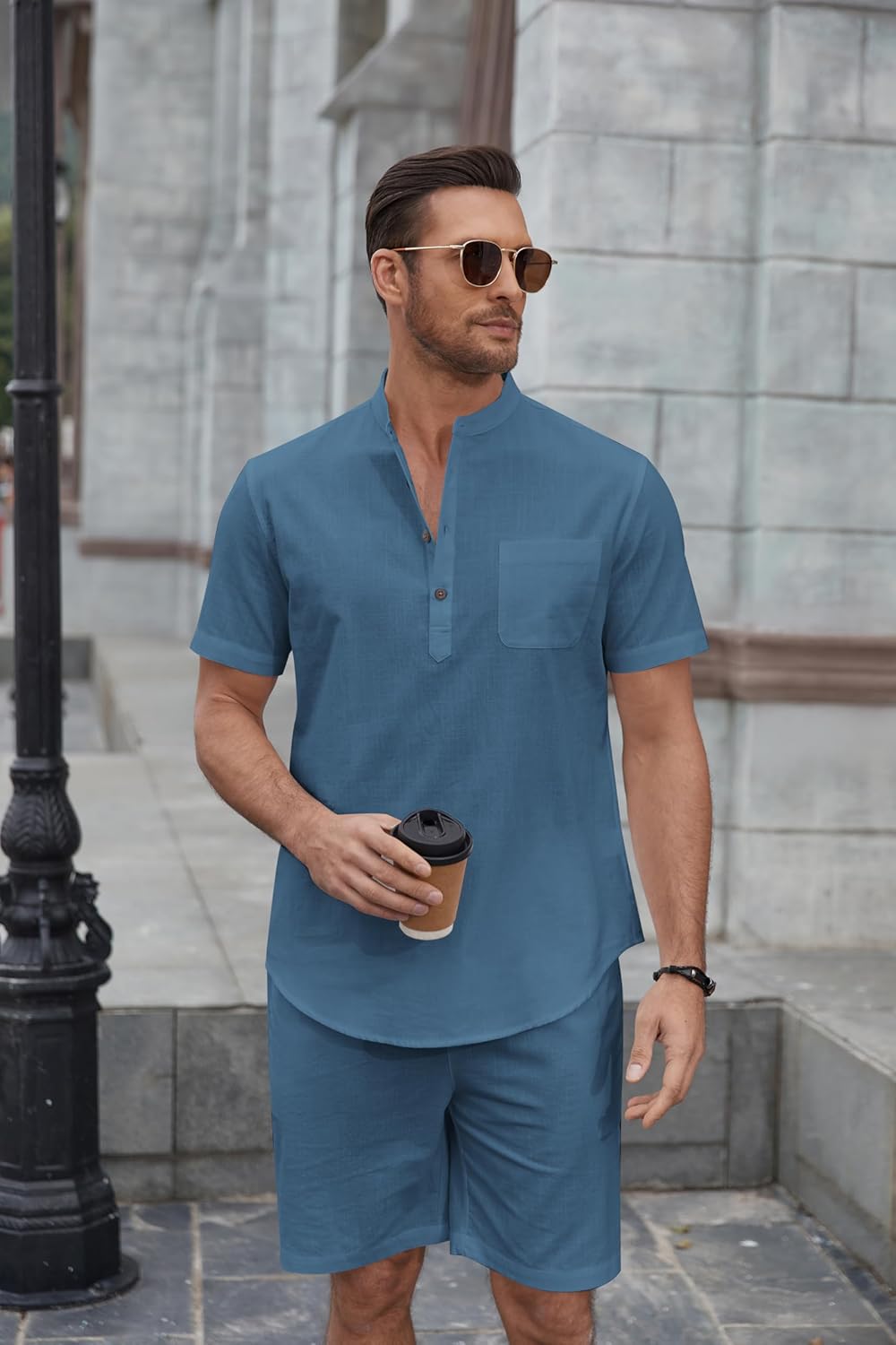 COOFANDY Men's 2 Piece Cotton Linen Sets Summer Beach Outfits Casual Short Sleeve Henley Shirts and Vacation Shorts - Image 7