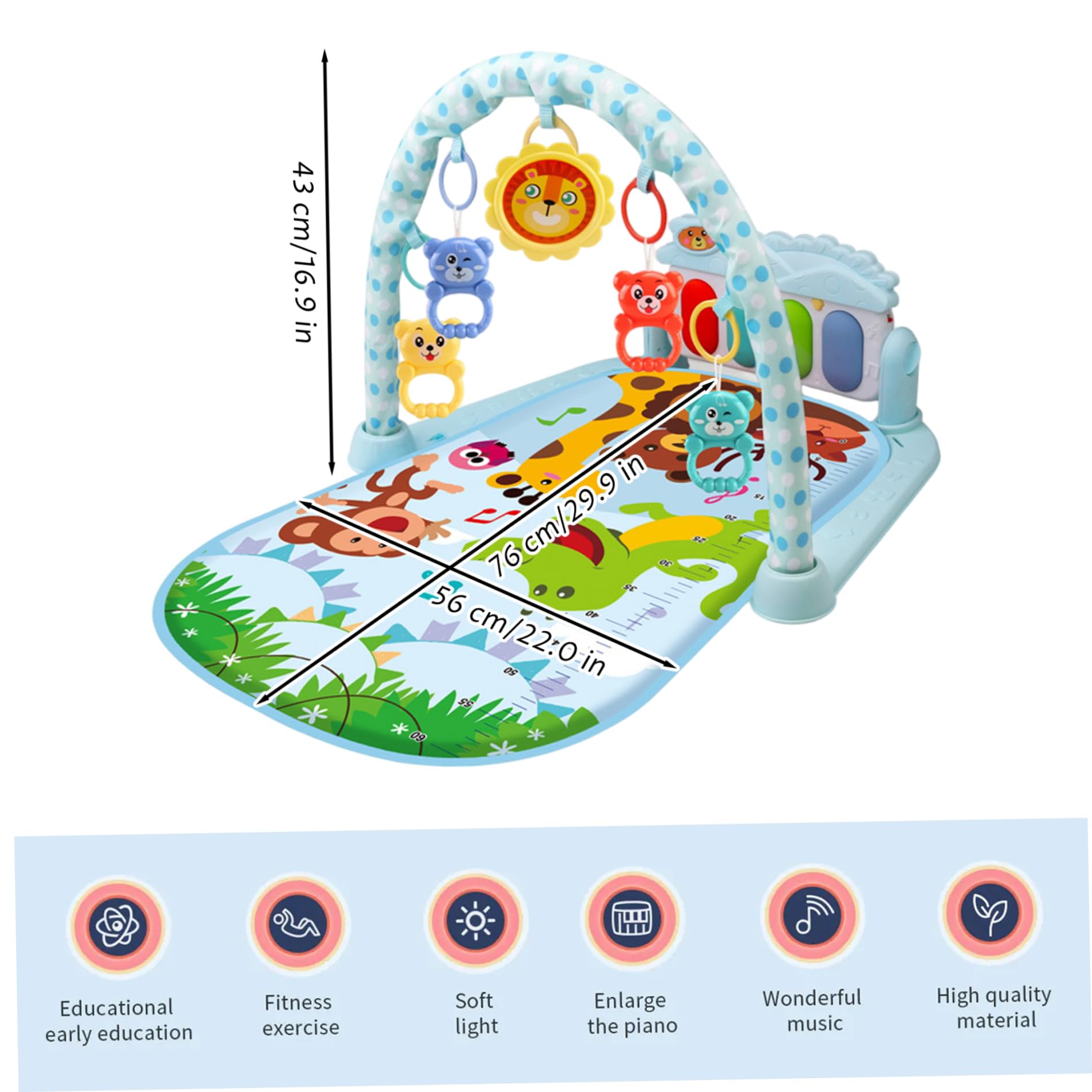 Baby Tummy Time Play Mat con música y luz Kick and Play Piano Gym Mat con sonajero Colgante Baby Playmat para bebés de 0 a 36 Meses Azul, Piano