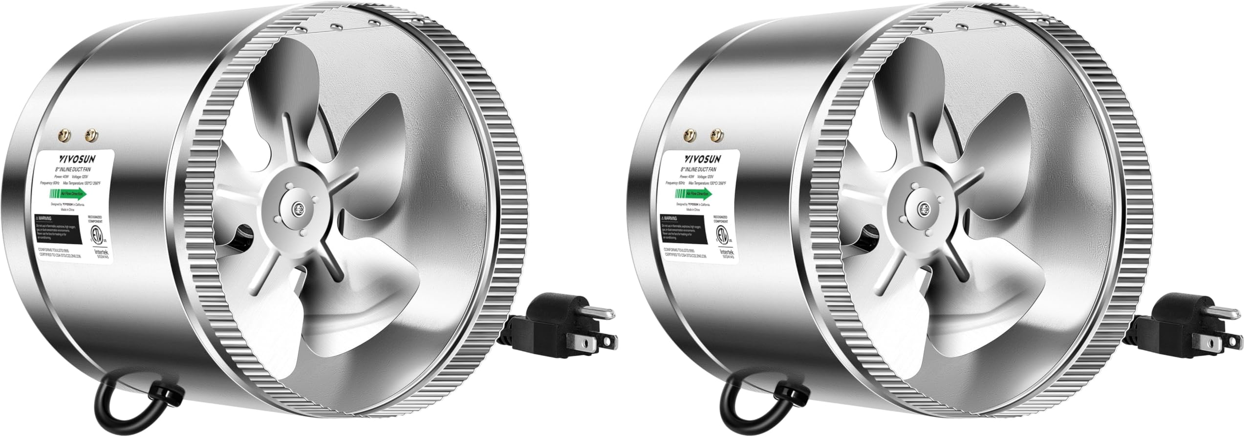 VIVOSUN 8 Inch Inline Duct Fan 420 CFM, HVAC Exhaust Ventilation Fan with Low Noise for Basements, Bathrooms, Kitchens and Attics, Silver (Pack of 2)