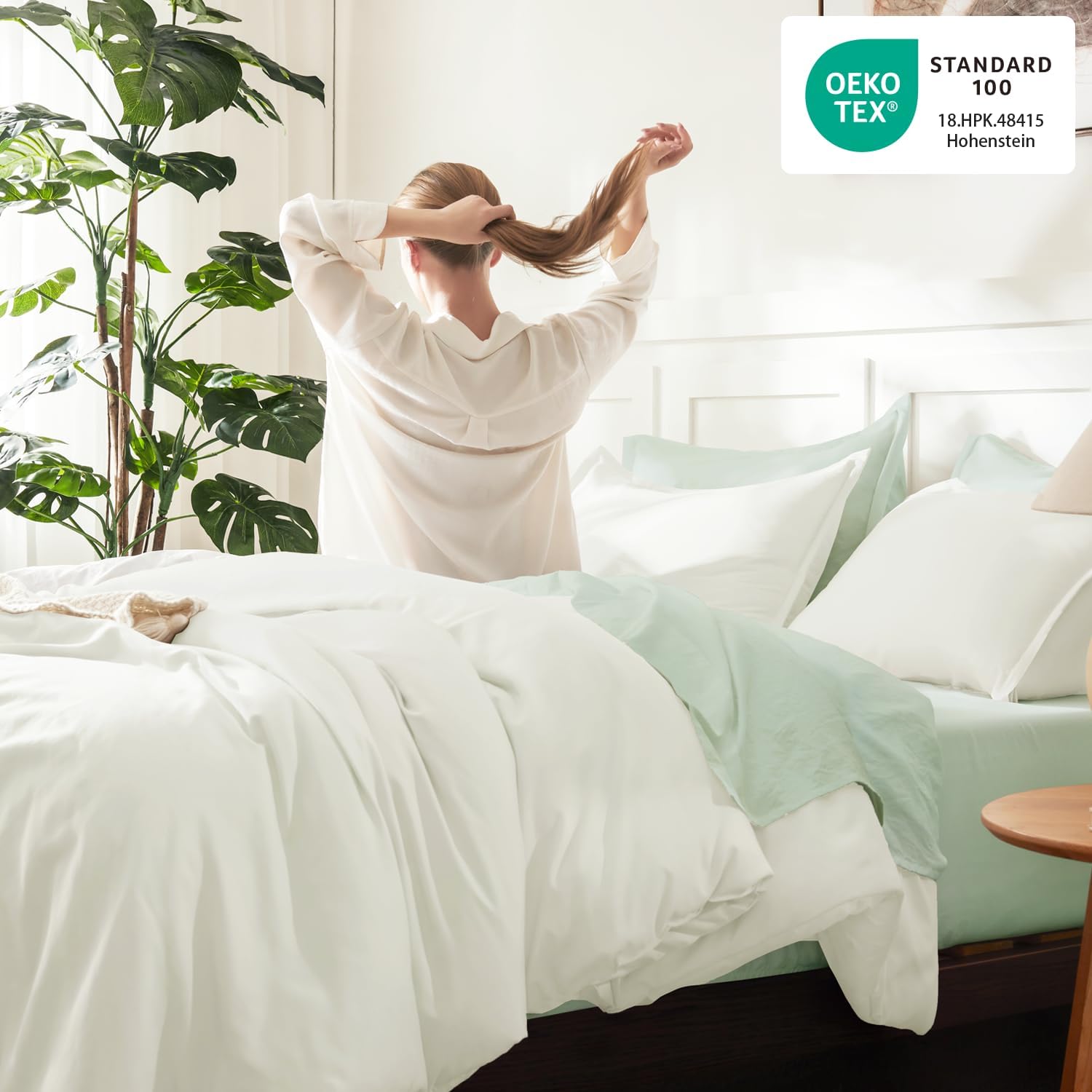 Litanika Ivory Comforter Set Queen Size, 3 Pieces Lightweight Solid Bedding Comforter Set, All Season Fluffy Bed Set (90x90In Comforter & 2 Pillowcases) - Image 4