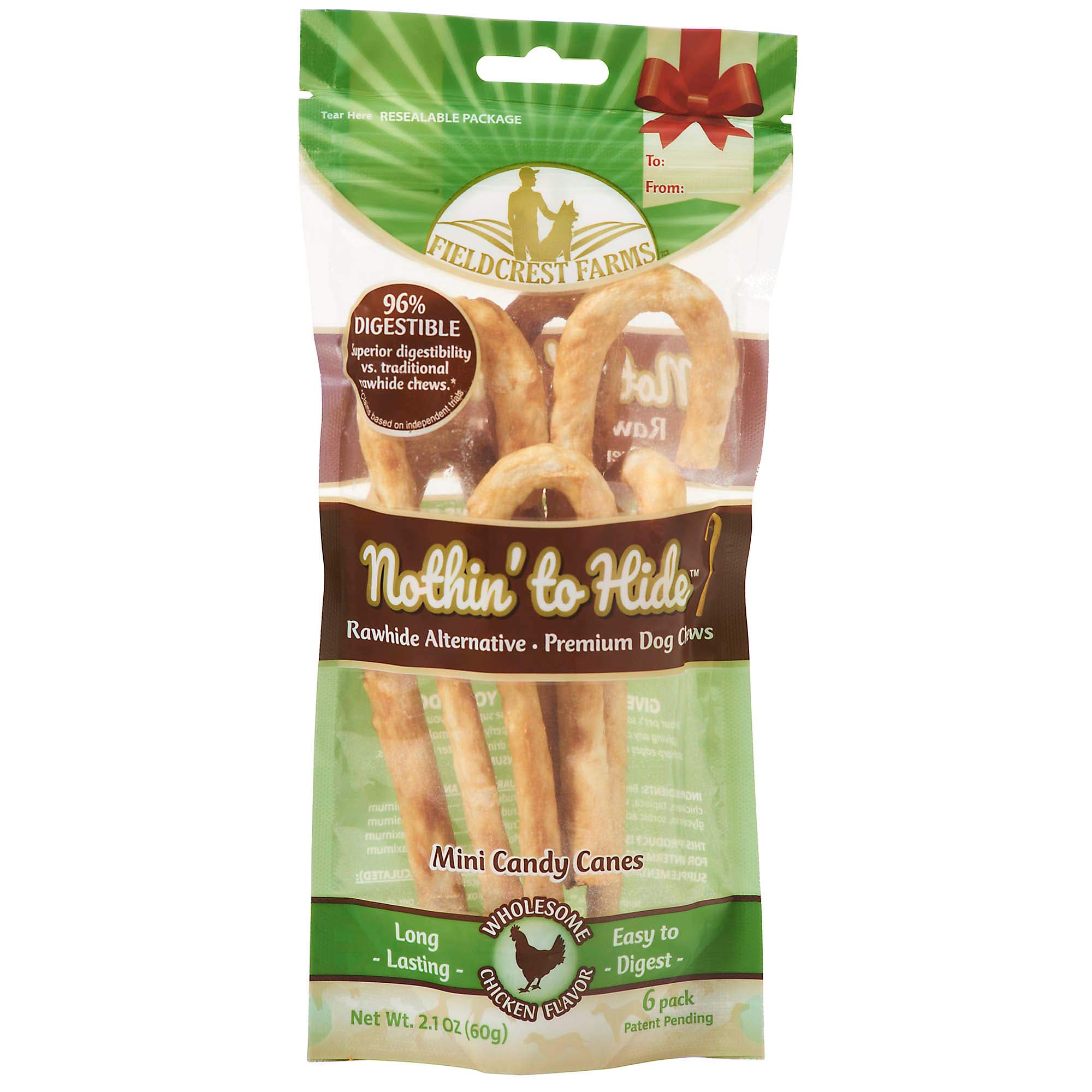 Fieldcrest Farms Nothin' to Hide Mini Holiday Candy Cane Chicken Flavor Dog Chews, Rawhide-Free, Easily Digestible, Long-Lasting, All-Natural Treats for Moderate Chewers up to 15lbs, 6-Ct