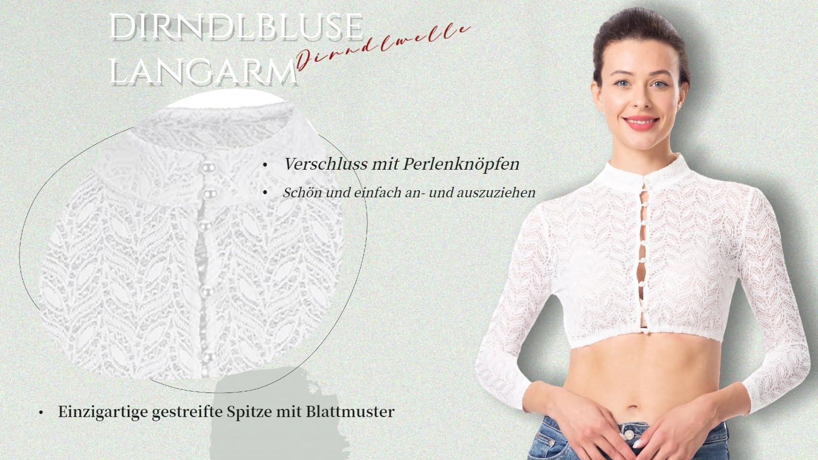 Exklusive Trachtenmode Dirndlbluse Damen Langarm Weiß 3/4Ärmel