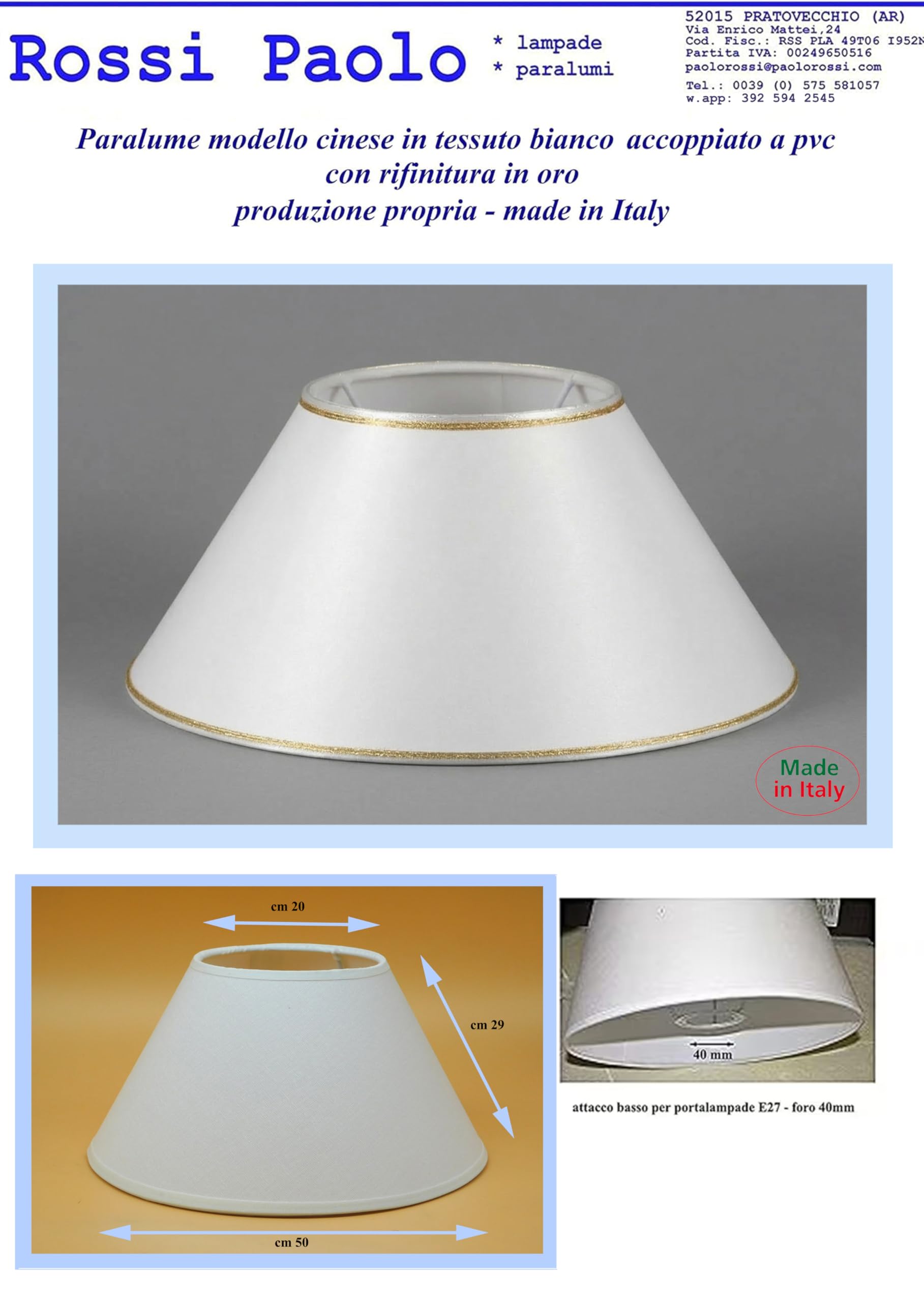 Paolo Rossi paralume prime moderno cappello modello cinese in tessuto bianco e PVC con rifinitura oro - produzione propria - made in Italy (diametro cm 50)