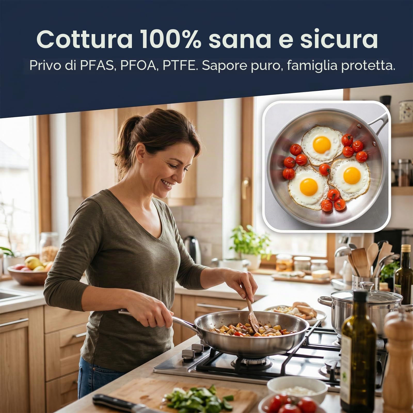 Padella in acciaio inox, 30 cm, a triplo strato, in acciaio inox, a induzione, universale, adatta per tutti i tipi di piatti, forno e lavastoviglie