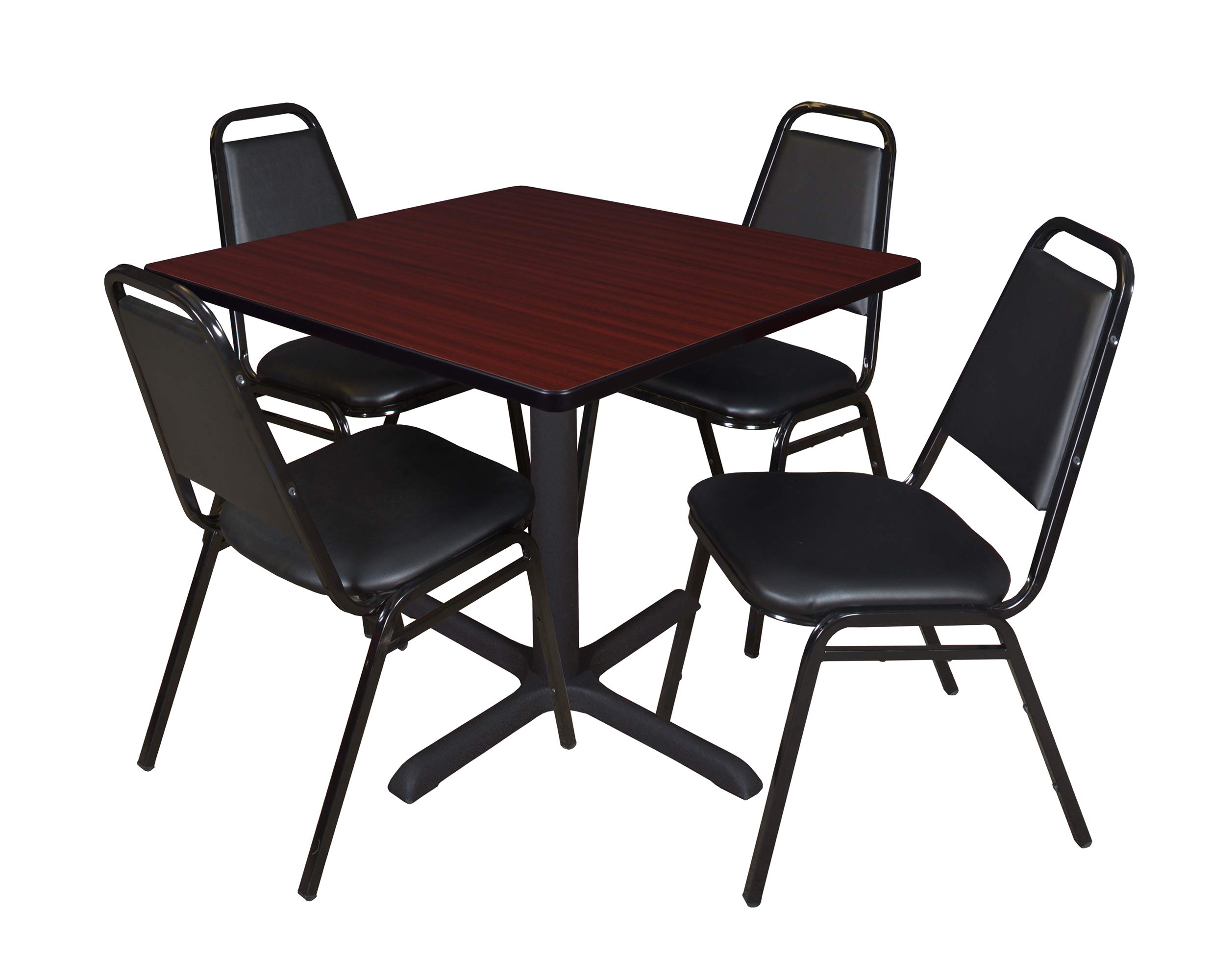 Romig Pillar 36 in. Square X-Base Breakroom Table- Mahogany &amp; 4 Restaurant Stack Chairs- Black