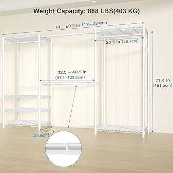 Ulif E1 Heavy Duty Clothes Rack, Freestanding Metal Clothes Rail Adjustable Closet Storage Organizer with Extendable Rods, (178-224) x 35.6 x 181.5 cm (L x D x H), Max Load 403kg, White