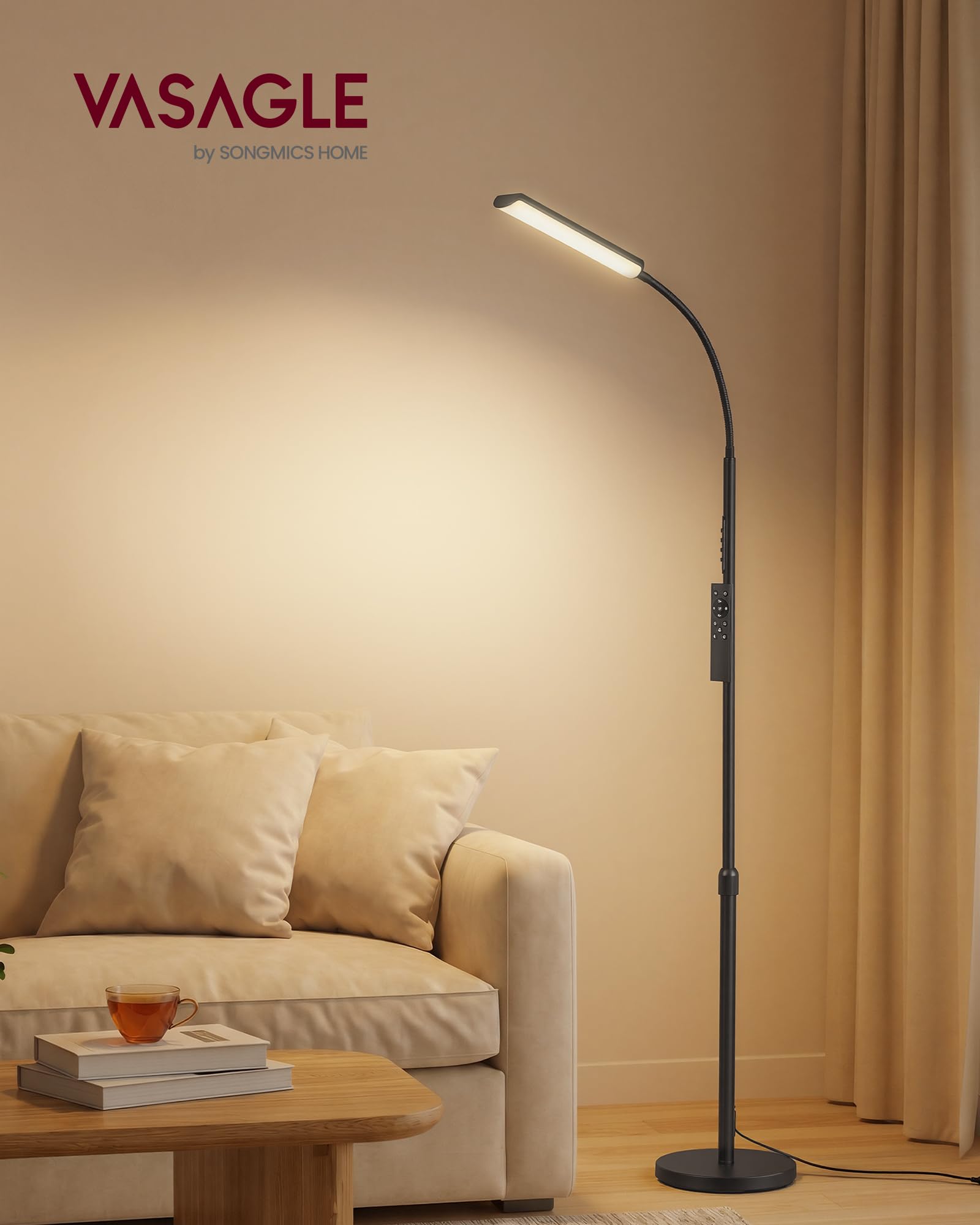 VASAGLE Lámpara de Pie, Altura Ajustable 141-175 cm, Lámpara Moderna de 15 W con Cabezal Flexible de 360°, Temporizador y Función de Memoria, Botón y Mando a Distancia, Salón, Negro Mate LFL007BD02