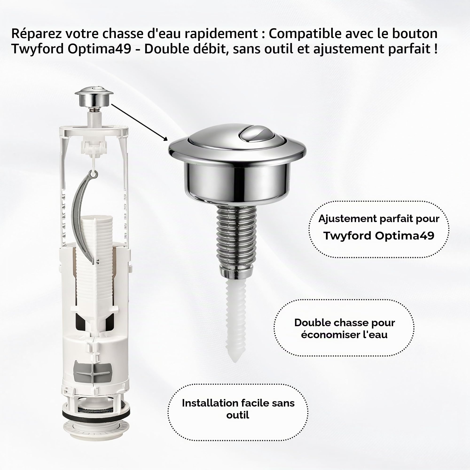 Bouton de chasse d'eau de rechange CF1003CP pour réservoir Twyford Optima49 – Mécanisme de chasse d'eau double débit avec bouton poussoir de chasse d'eau, tête ronde argentée