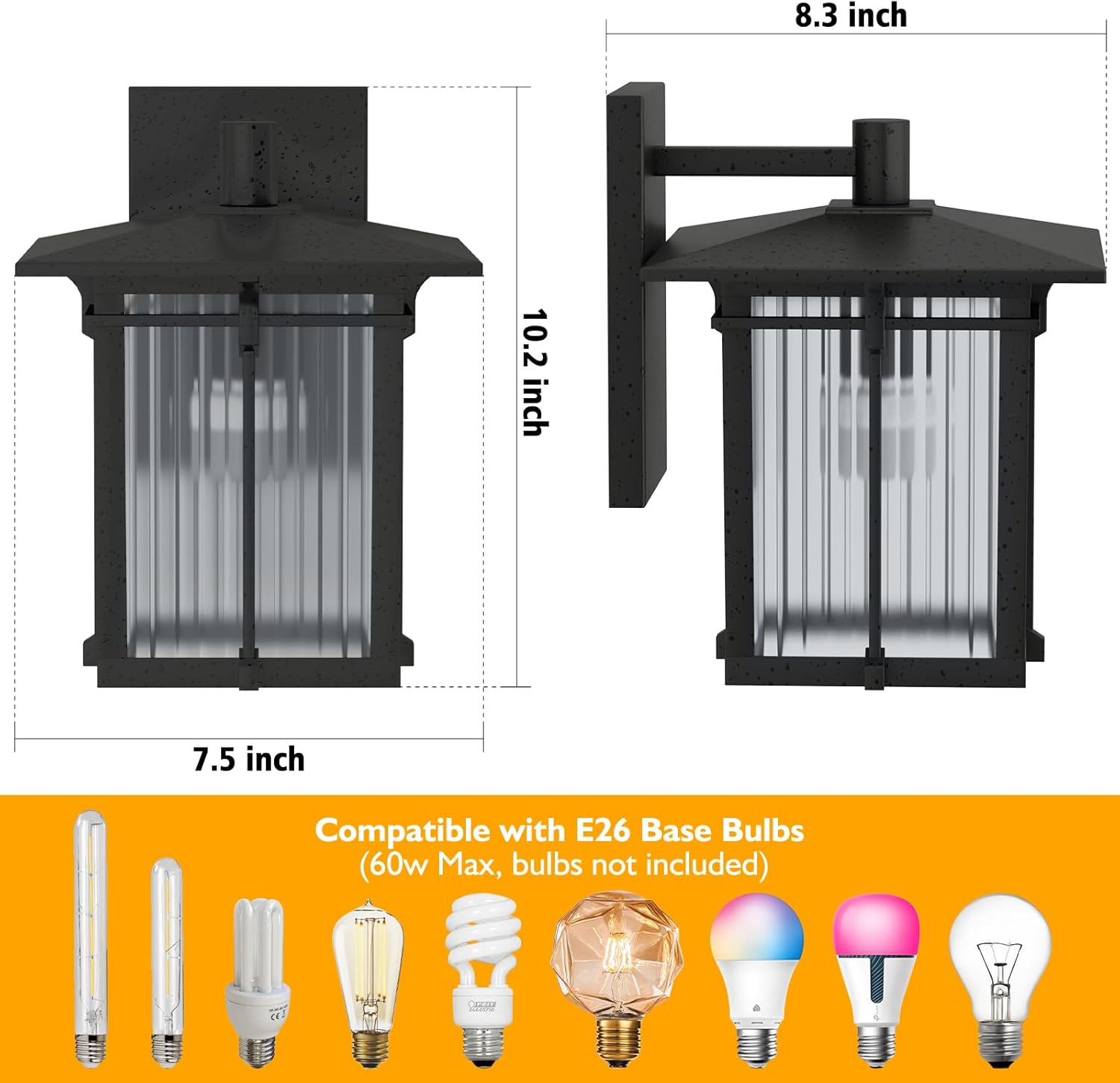 Modern Outdoor Wall Light for House, Outdoor Lighting Fixtures Wall Mount with Ribbed Glass, Soptted Black Aluminum Exterior Wall Lantern for Front Porch Garage Patio (10.2''H, 1 pc)