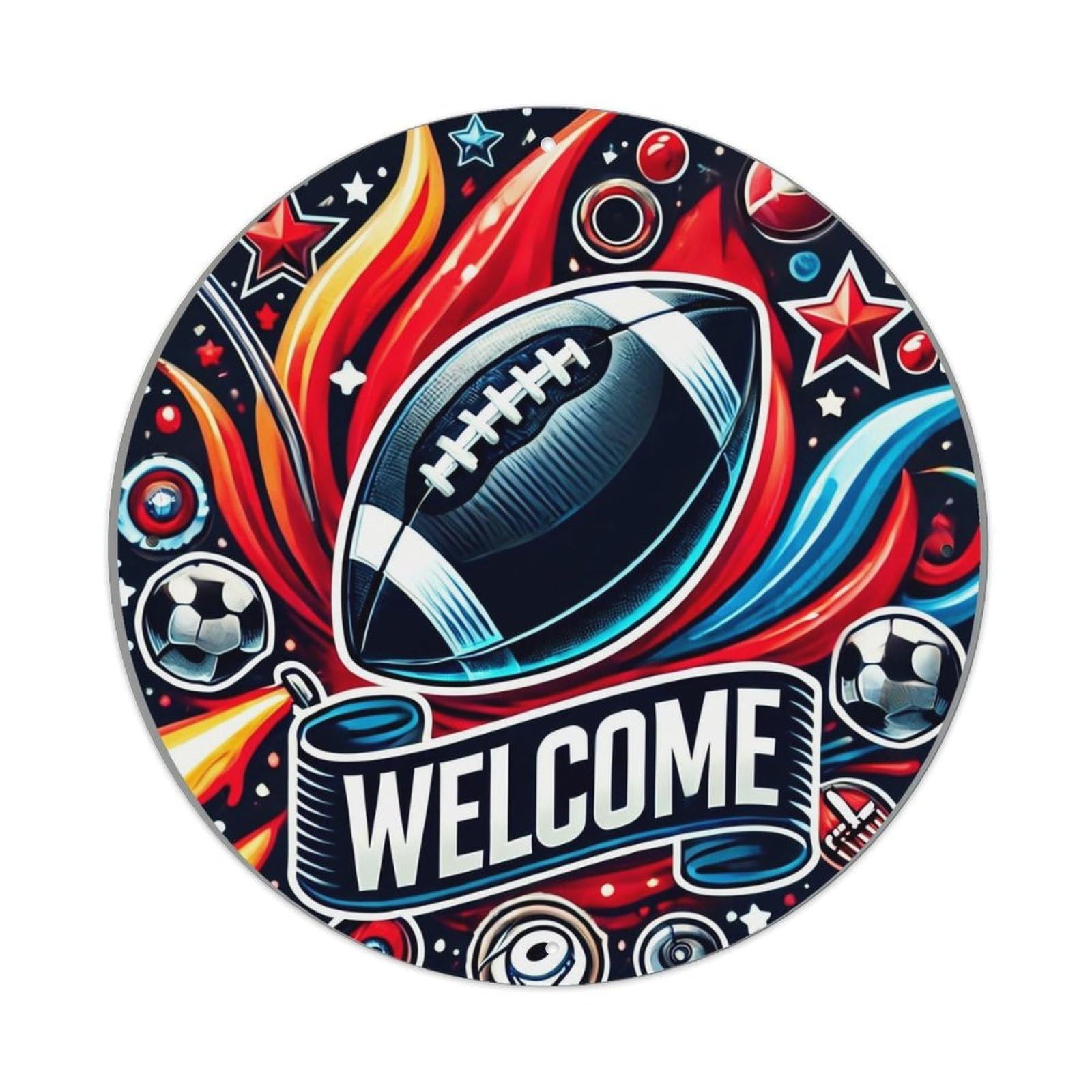 Football Soccer Stars Flames Welcome Tin Sign Metal Poster Vintage Metal Signs for Home Man Cave Bar Cafe Kitchen laundry room Wall Decorations Gift 8x8Inch