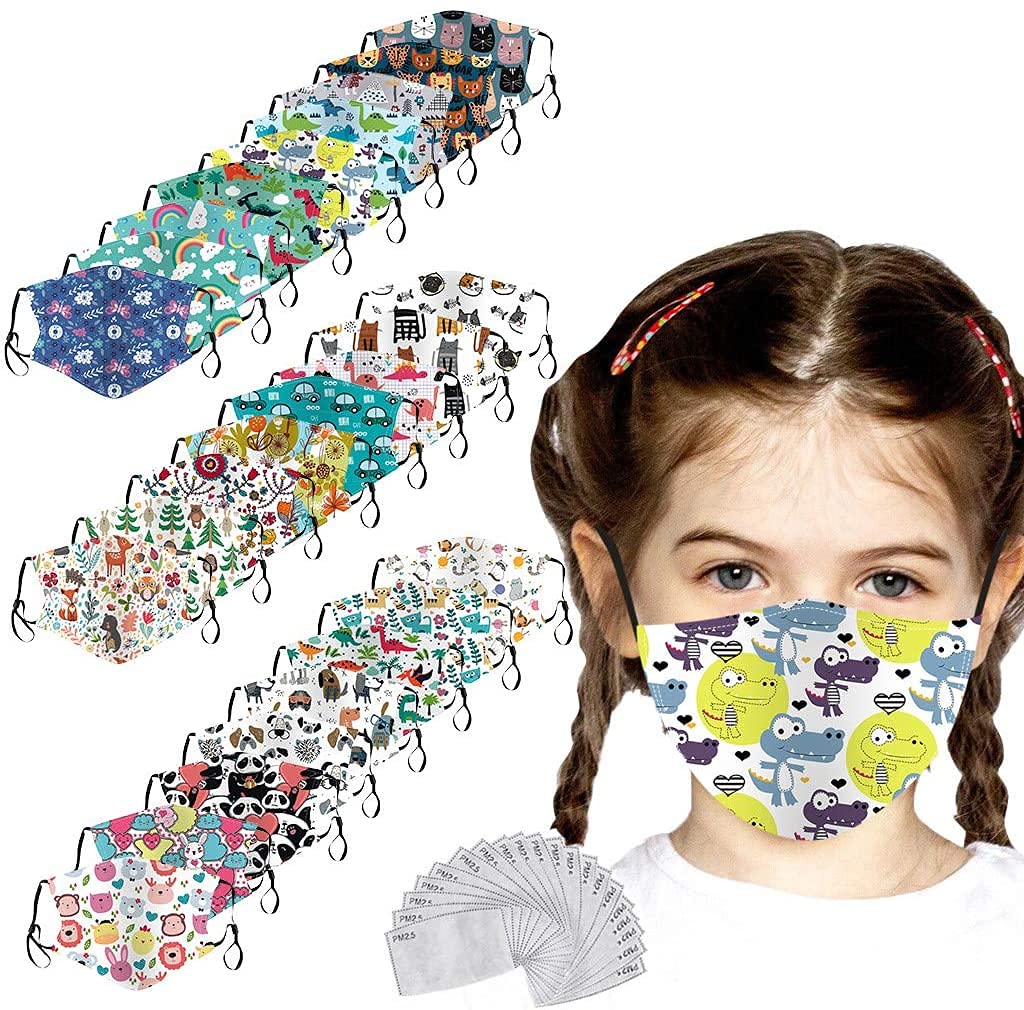 [UK Stock] 25+30 PCS Kids Face_Mask_Cover Reusable Cute Floral Print Washable Cotton Blend Fabric With Adjustable Earloops Filters Pocket Insert Boys Girls School Supplies Household Antidust