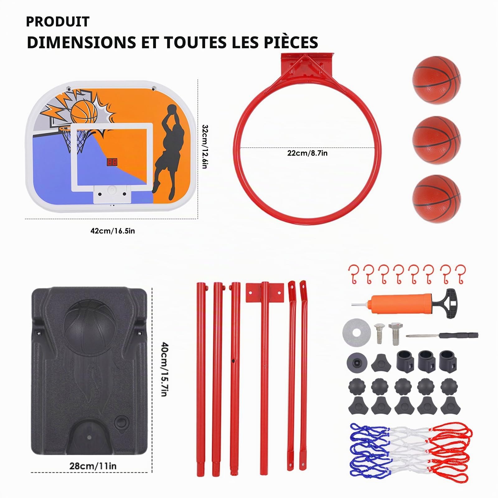 Panier de Basket pour Enfants, Support de Panier de Basket Portable, Hauteur réglable 80-180 cm, avec Tableau d'affichage, intérieur extérieur