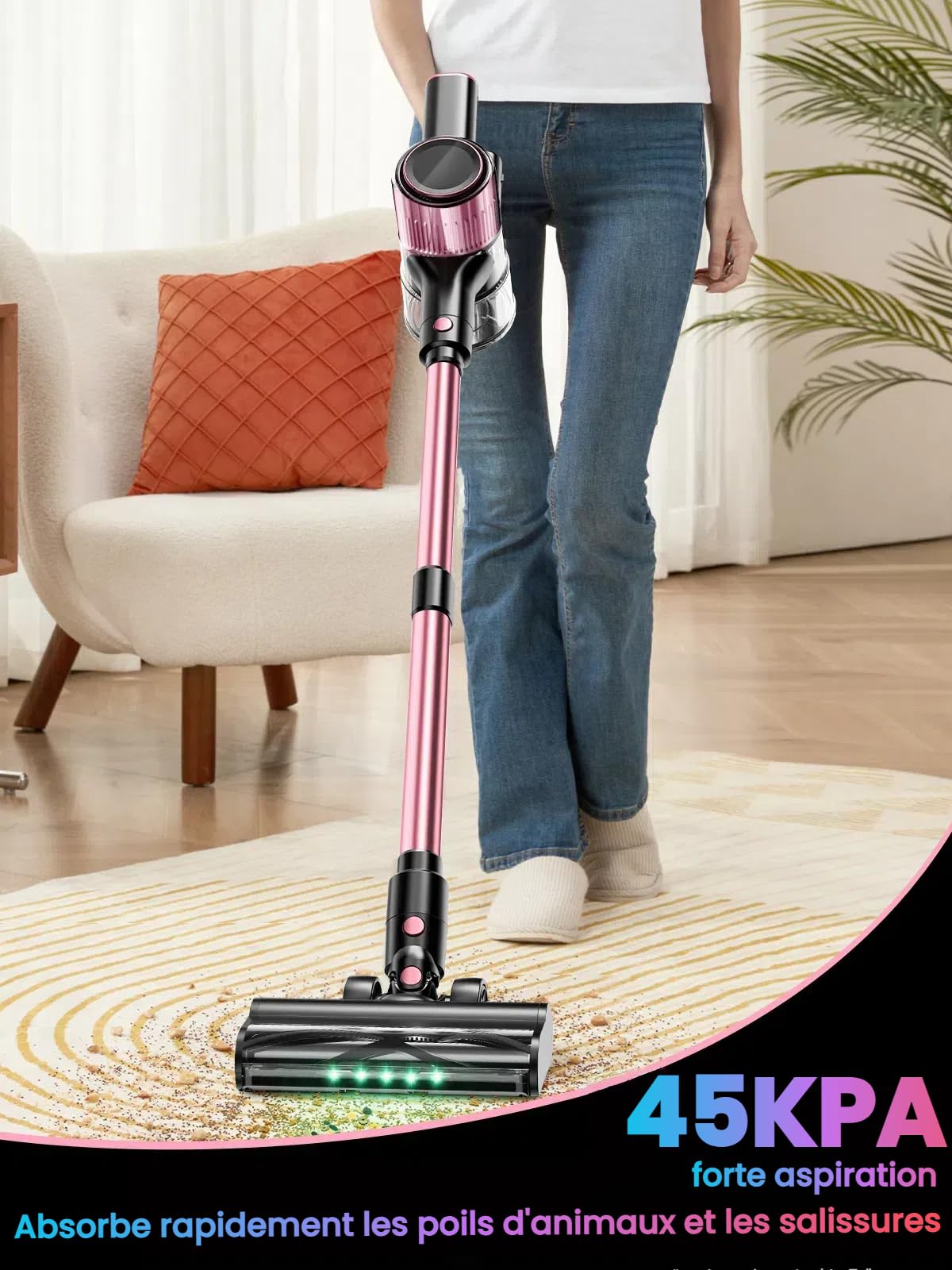 Aspirateur Balai sans Fil 52KPa/500W/45Mins, Écran LED, Tuyau Extensible, Brosse Anti-Enchevêtrement, Filtration 5 Niveaux, Idéal pour Sols Durs, Tapis, Poils d'animaux et Voiture - Rose